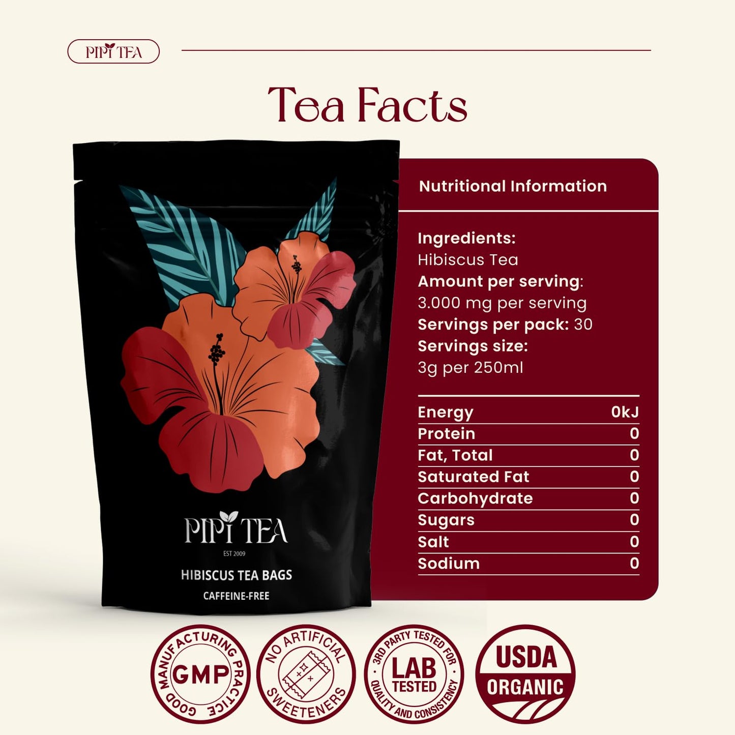 PiPi Tea Organic Hibiscus Tea Bags – Caffeine Free Herbal Tea Rich in Antioxidants, Non-GMO & Vegan, Sourced from Premium Hibiscus Flowers for Daily Wellness & Heart Health Support, 60g