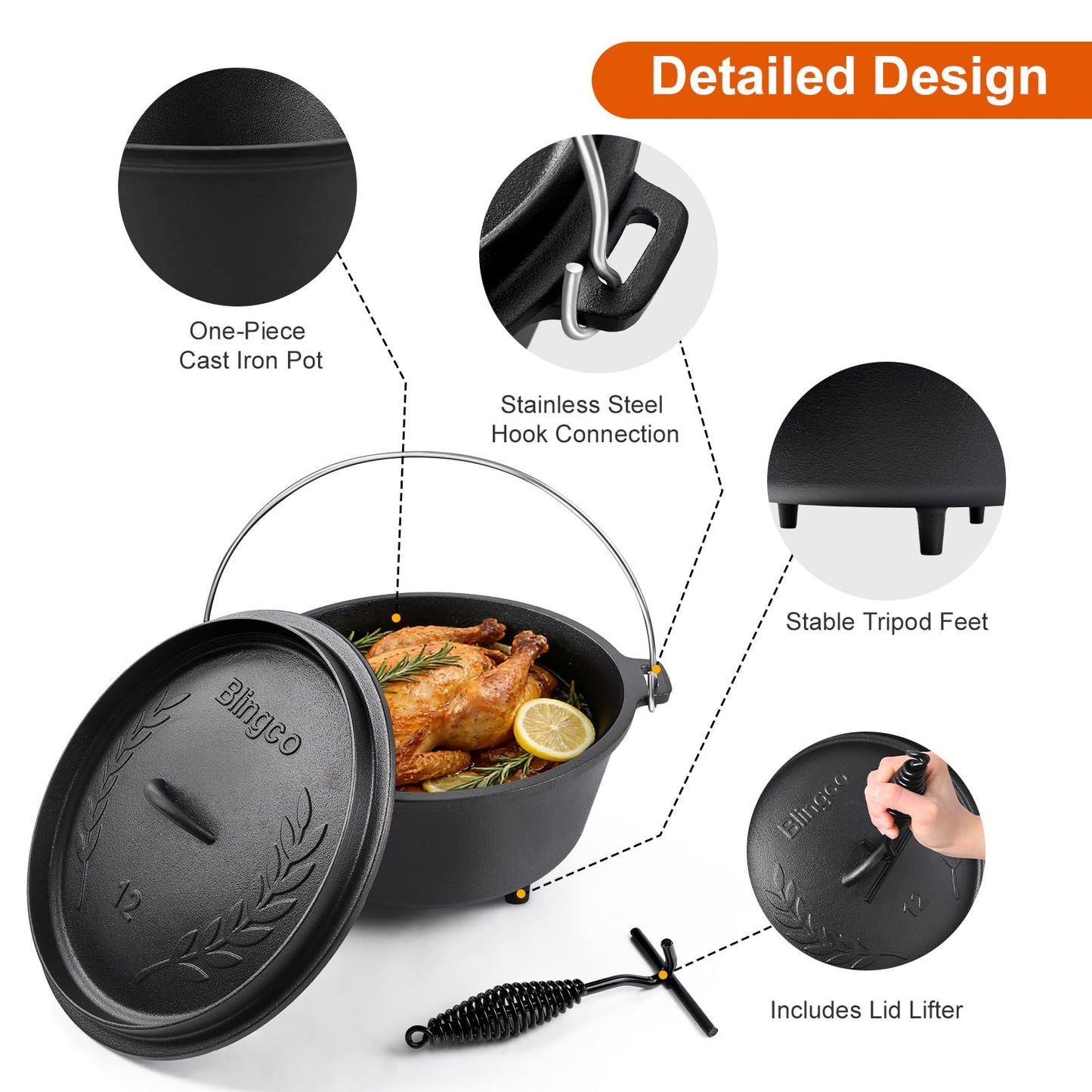 Blingco Pre-Seasoned Cast Iron 8QT Camp Dutch Oven with Lid, Large Camping Dutch Oven Pot, incl. Lid Lifter - Dual Handles - for Outdoor Campfire, Grill, Oven & Stovetop Cooking-Black