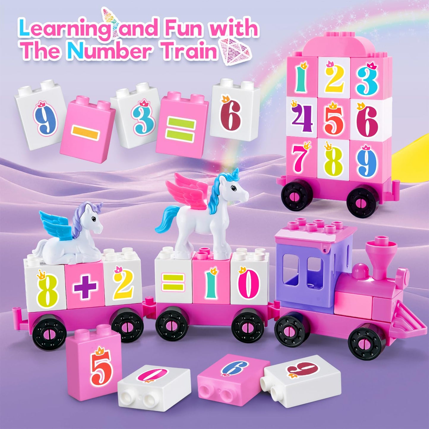 Classic Building Blocks for Toddlers - Compatible with Major Brands, Unicorn Theme Princess Castle & Number Trains Classic Bricks, Creative Educational Buildable Kits for Girls Boys Ages 3, 4, 5, 6-12