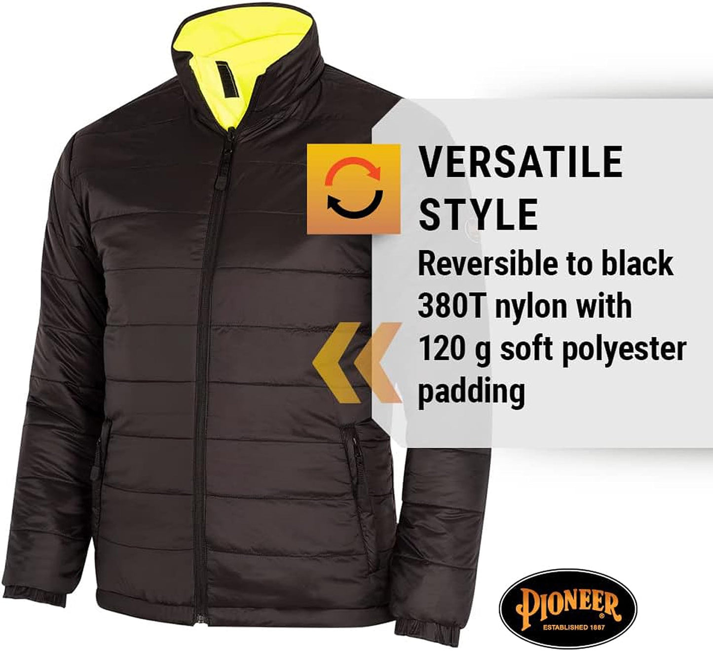 Pioneer Hi Vis 2-in-1 Safety Rain Jacket for Men & Women - Reverses to Black Puffer - Reflective Waterproof Gear - Class 3