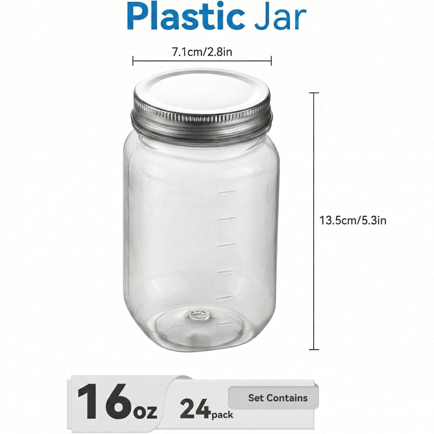 novelinks 16 oz Plastic Mason Jars with Lids, Refillable Clear Plastic Jars with Lids 16oz & Reusable Empty Storage Containers with Lids (Sliver,24 Pack)