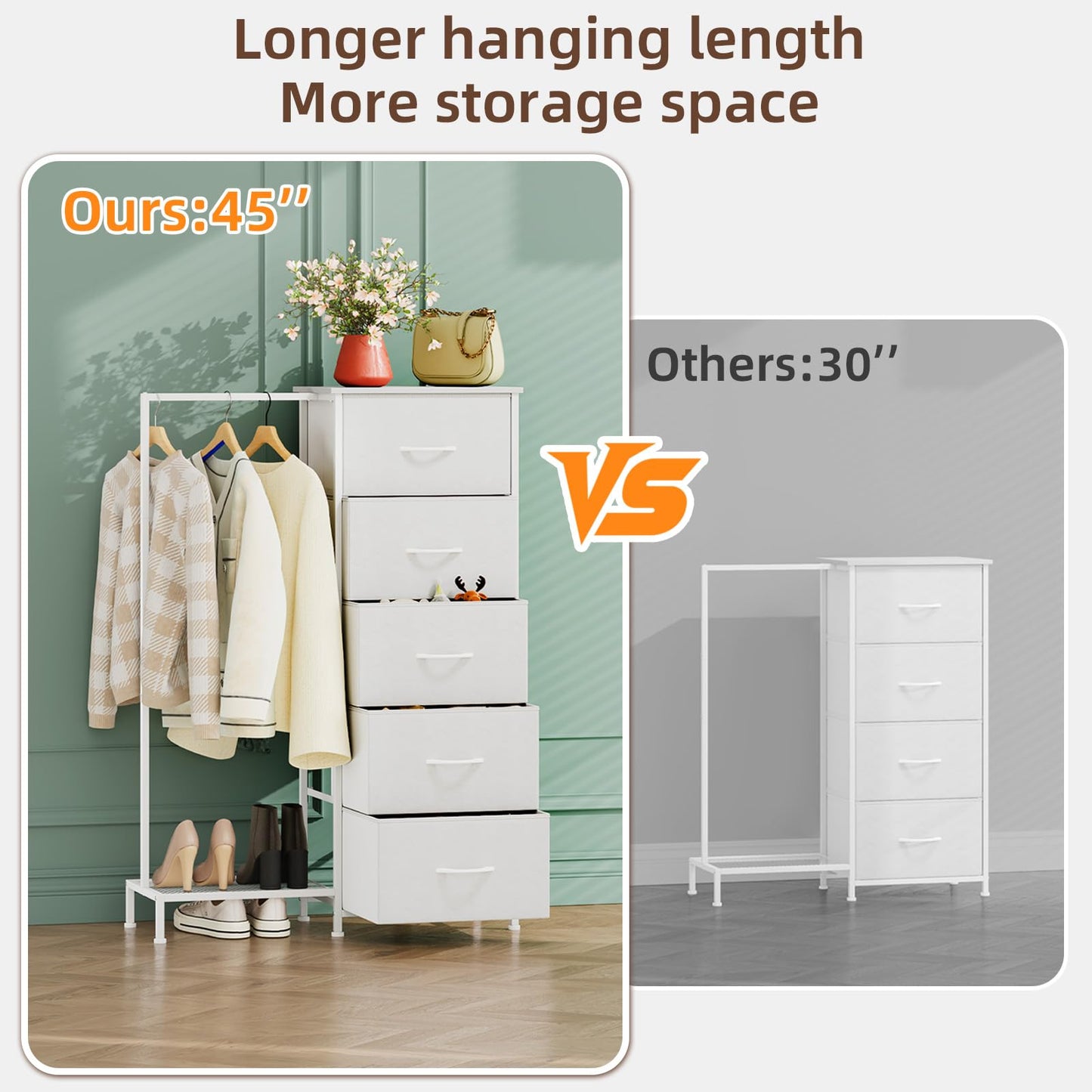 Somdot Dresser with Hanging Rack, 5 Drawers Small Closet for Bedroom, Reversible Dresser with Clothes Rack, Kids Dressers for Bedroom Chest of Drawers, Tall Storage Tower, White Leather