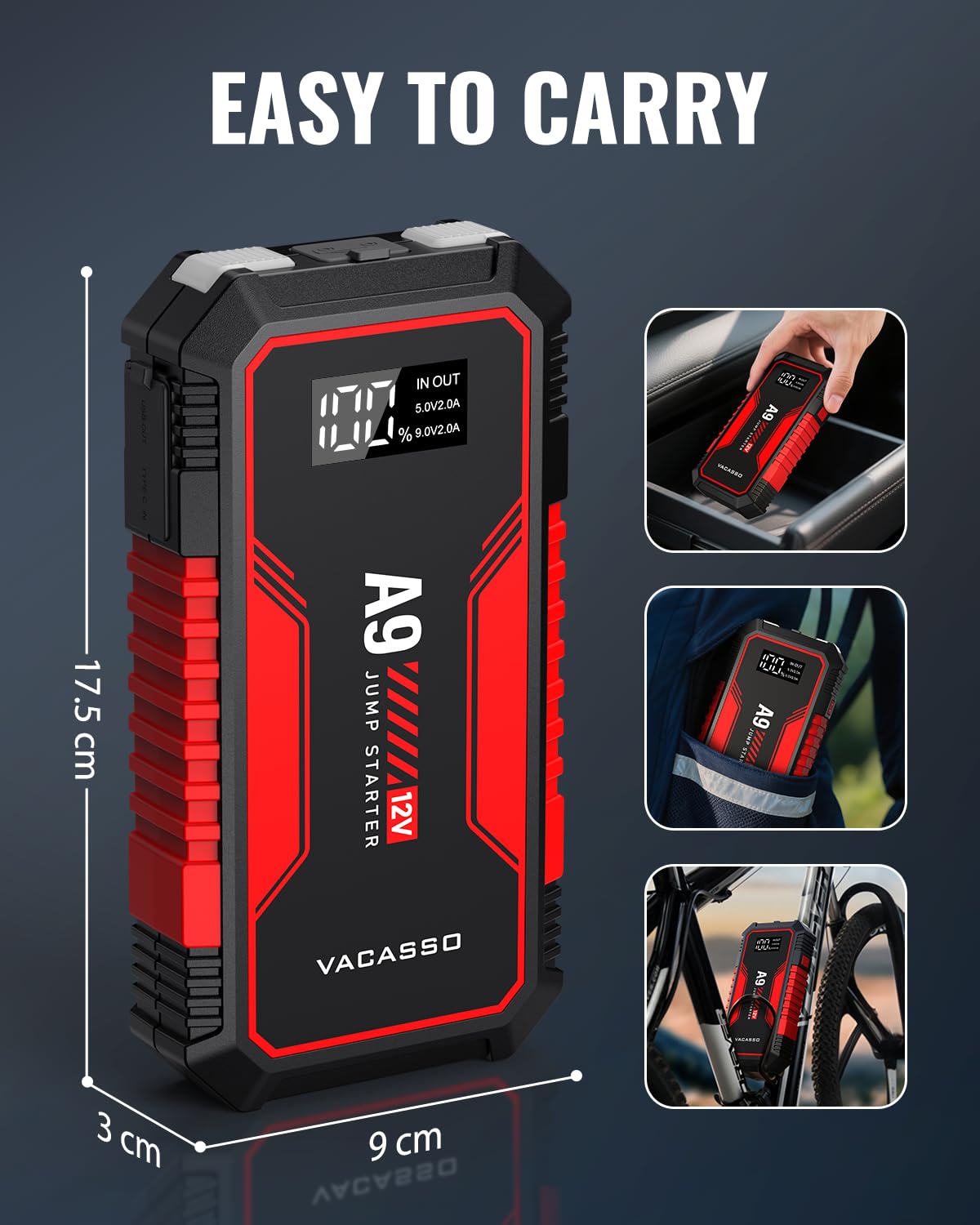 Jump Starter 4000A, VACASSO A9 Battery Jumper Starter Portable (7L Gas/4L Diesel), 12V Car Battery Booster Jump Starters Pack, Jumpstart with USB Ports, Jumper Cables, LED Light, Storage Case