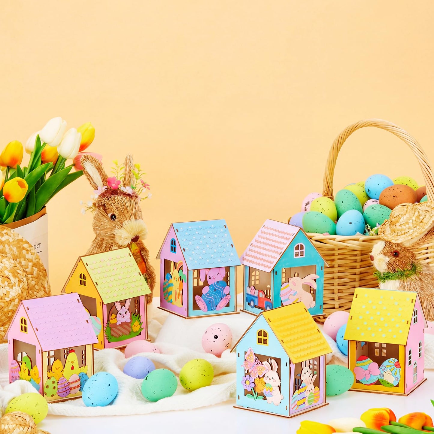 Jenaai 24 Sets Wooden Spring Houses Craft Kit DIY Bulk Easter Village Sets 3D Wood Bunny House Crafts to Paint Art for Spring Easter Gift Party Supplies Table Decorations
