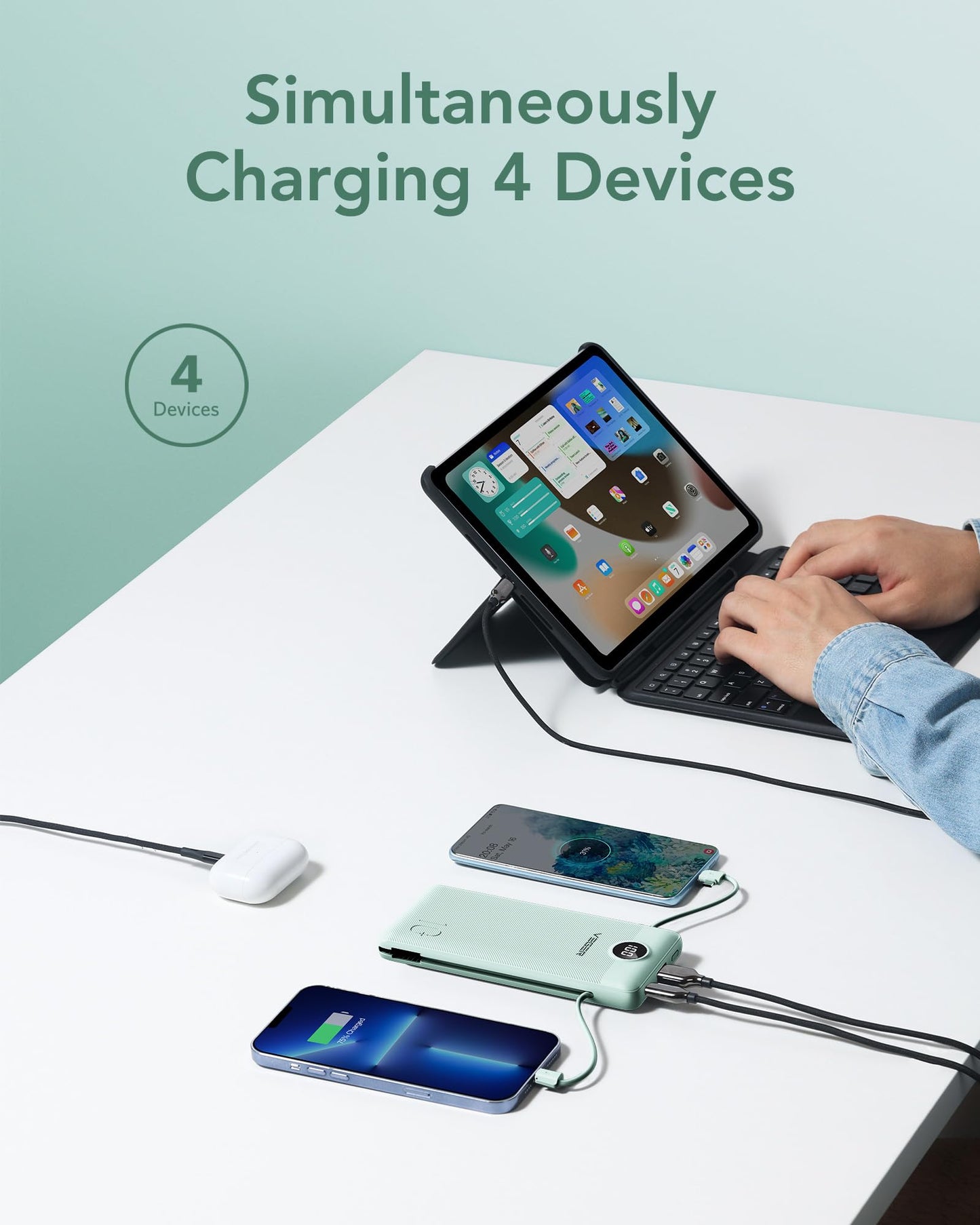 VEGER Portable Charger for iPhone with Built in Cables and Wall Plug, 10000mah Slim Fast Charging USB C Power Bank, Travel Essential Battery Pack Compatible with iPhone, iPad, Samsung etc(Green)