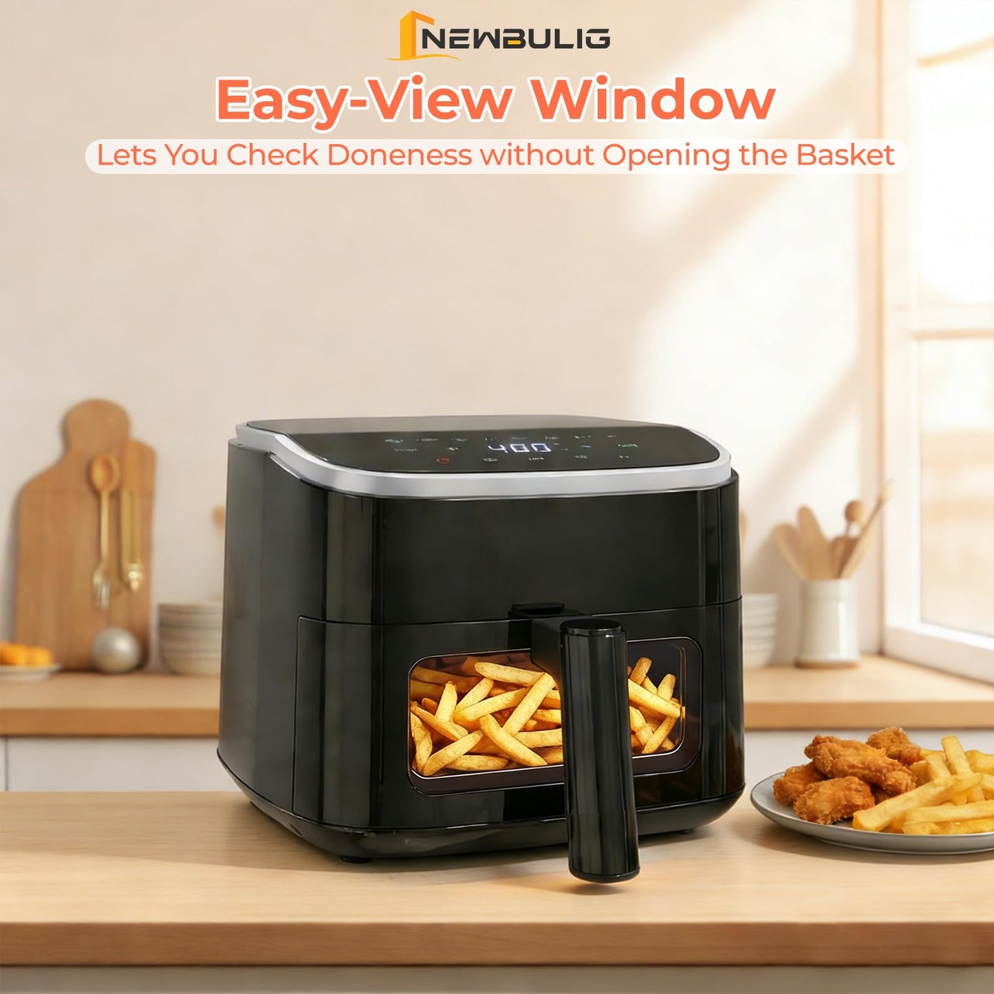 NEWBULIG Air Fryer，4QT Small AirFryer with Easy View Window and Interior Light, Digital Touchscreen with 8 Presets for Custom Cooking, Nonstick and Dishwasher Safe Basket, Grey