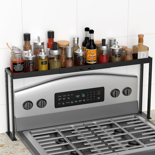 ZDDLOINP Spice Rack Shelf for Kitchen Stove, Adjustable 27 to 33 Inch Spice Rack Organizer, 4 Level Adjustable Height Stove Top Shelf for Kitchen, Over the Stove Shelf for Curved Stove, Black