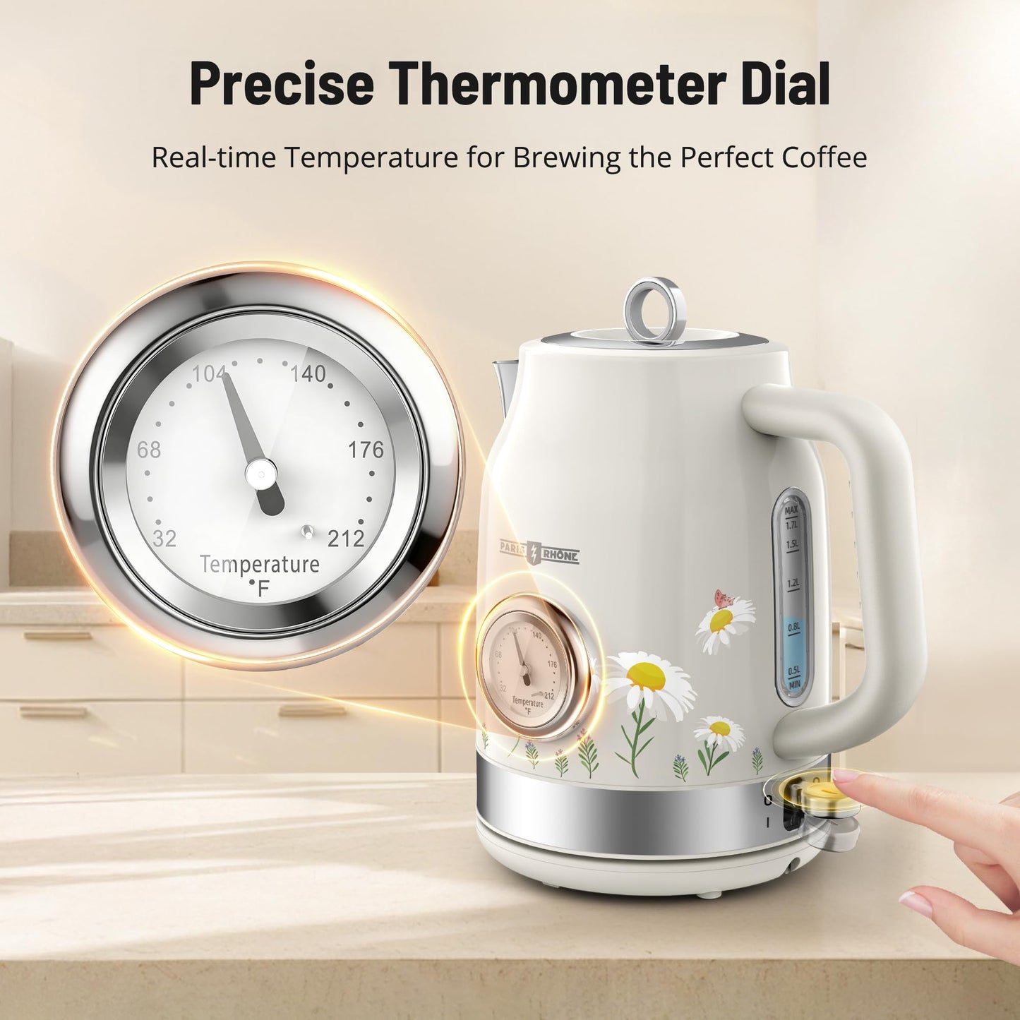 PARIS RHÔNE Retro Stainless Steel Electric Kettle, 1.7L Cordless Hot Water Tea Kettle with Thermometer, 1500W Fast Heating, LED Indicator, Auto Shut-Off & Boil Dry Protection