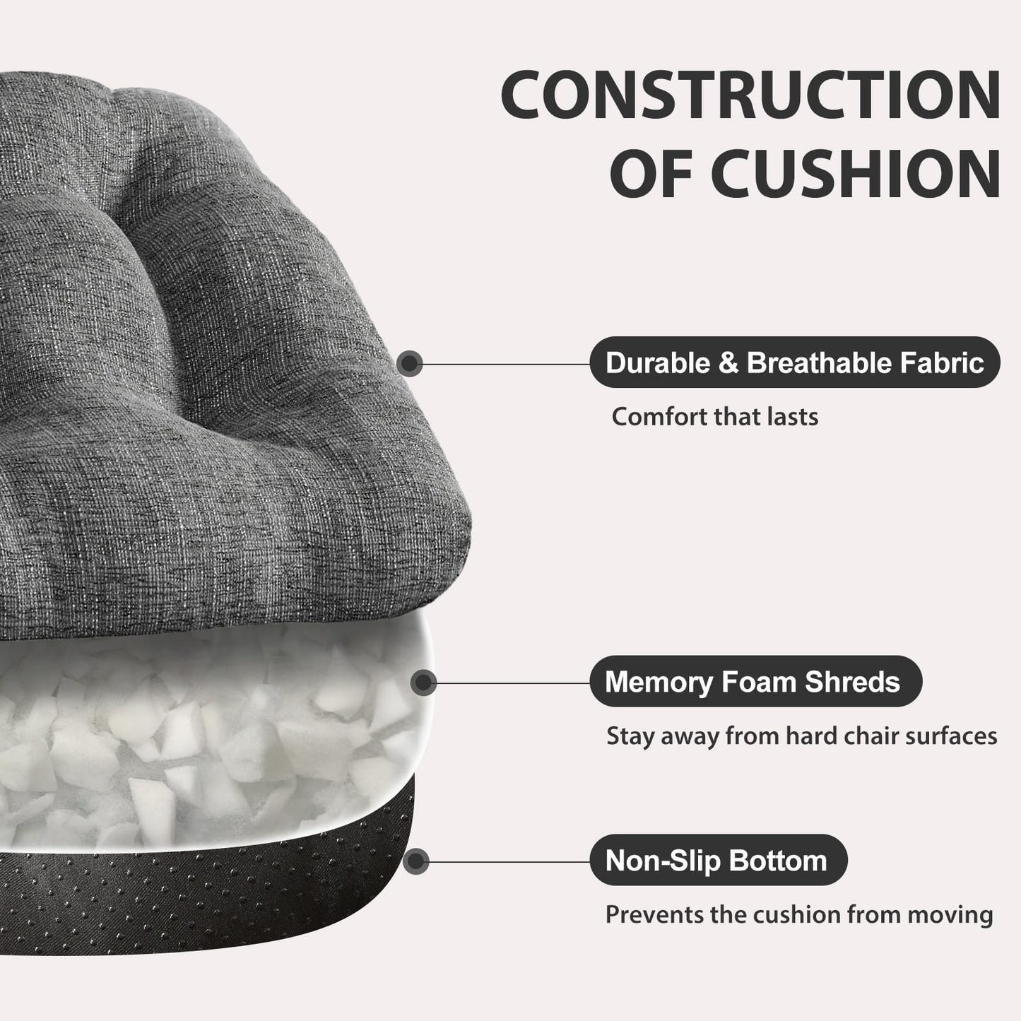 Quilmfoam 16.5"x15.5" Kitchen Chair Cushions Set of 4 for Dining Chair, Soft Tufted Non-Slip Memory Foam Seat Cushion with Ties for Indoor Kitchen Dining Furniture, Dark Grey