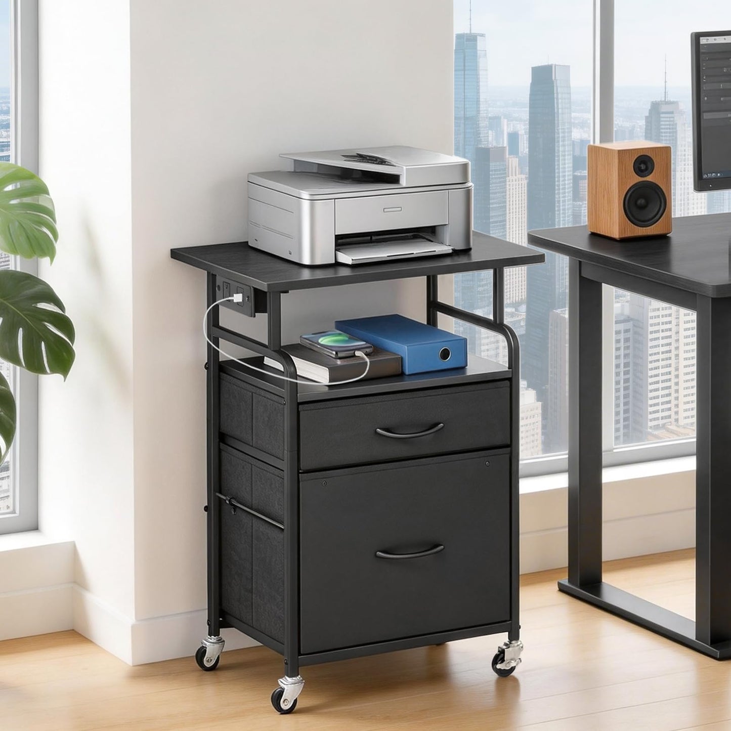 HOOBRO Printer Stand, Printer Table with Drawers, Mobile Filing Cabinet with Charging Station, Printer Cart for Home Office, Living Room, Black BB15UPS01