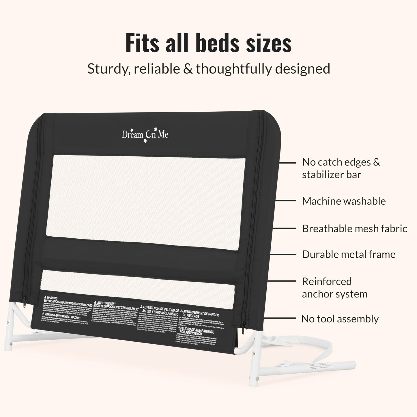 Dream On Me Mesh Security Bed Guard Rail for Toddlers 2–5 Years, Fits Twin–King Beds, Reinforced Anchor System, 2 Adjustable Heights, Black, Not for Cribs/Toddler Beds