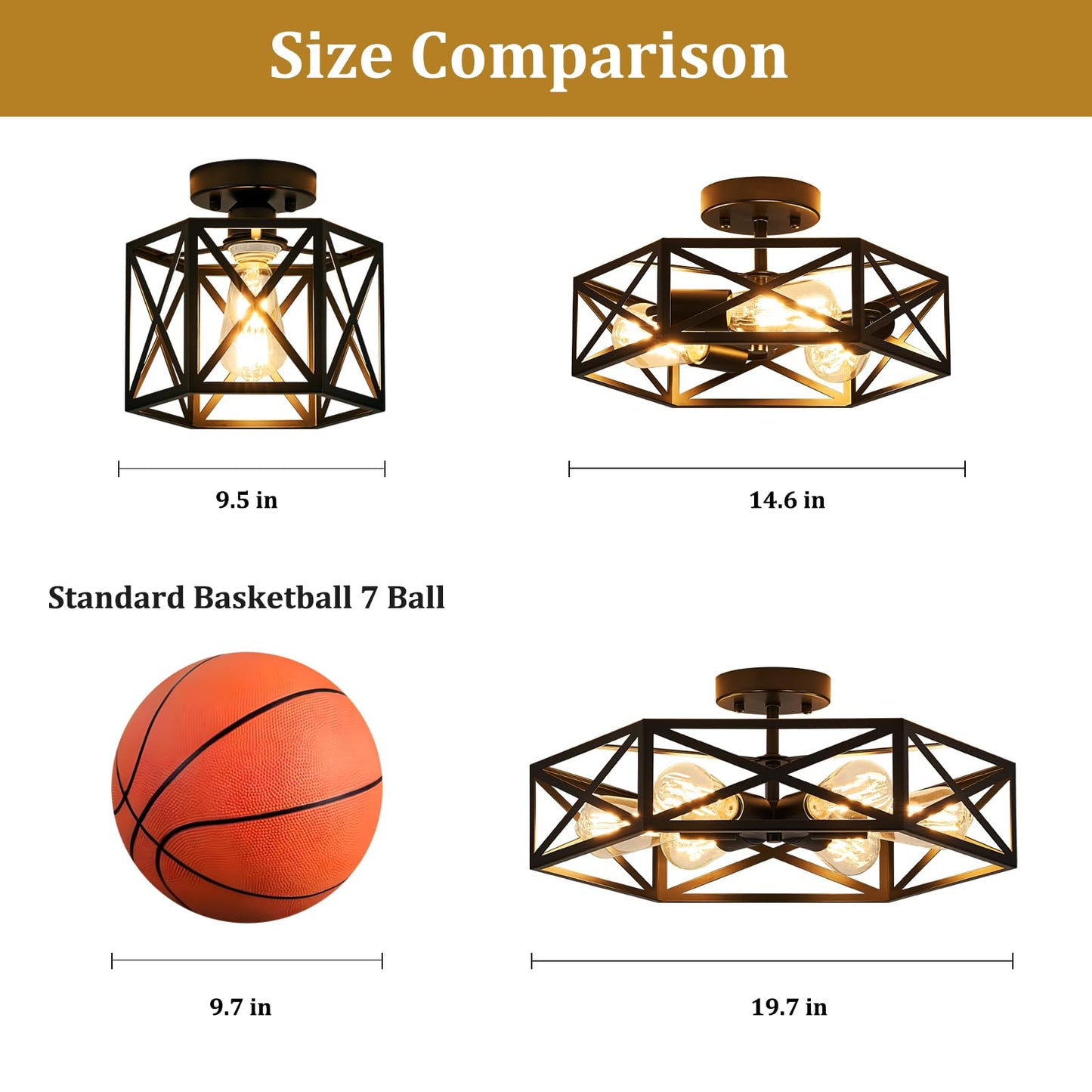 KUZIEG Modern Farmhouse Semi Flush Mount Ceiling Light,Industrial Black Ceiling Lighting Fixture,Hexagonal Close to Ceiling Lights for Kitchen, Hallway, Entryway, Bedroom,Foyer,Laundry Room,9.5 Inch