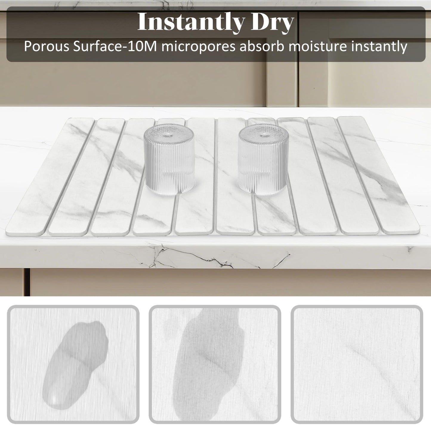 Large Stone Dish Drying Mats for Kitchen Counter, 24"(L)×16"(W) Marble-Pattern, Fast Drying Collapsible Dish Drying Mat, Eco-Friendly Absorbent Diatomaceous Earth Mats for Cups, Match Countertop