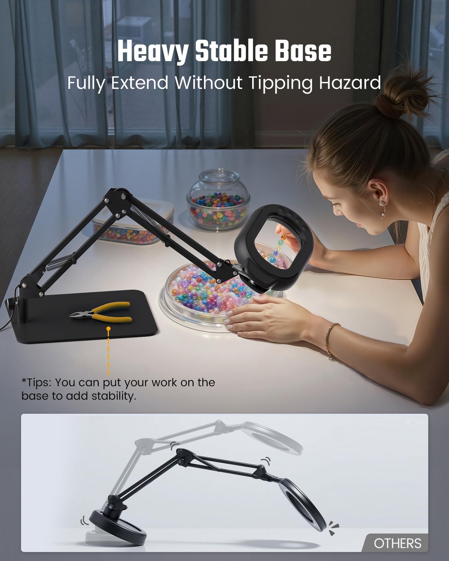 ONLYWIN Magnifying Desk Lamp, 10X Square Magnifying Glass with Light and Stand, Dimmable LED Magnifier Lamp with Clamp and Base, Adjustable Swing Arm Light for Close Work, Reading, Crafting, Black