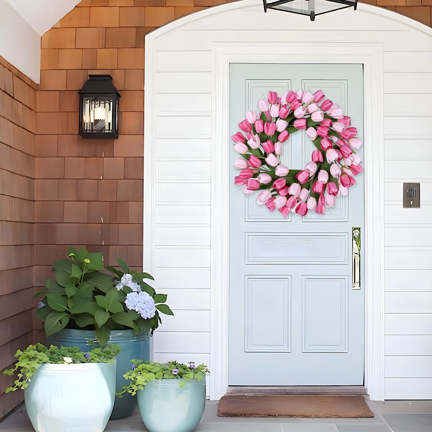 24 Inch Tulip Summer Wreath for Front Door Spring Silk Wreath with Green Leaves Artificial Tulip Flower Wreaths for All Seasons Farmhouse Porch Wall Living Room Home Widding Decor-Red