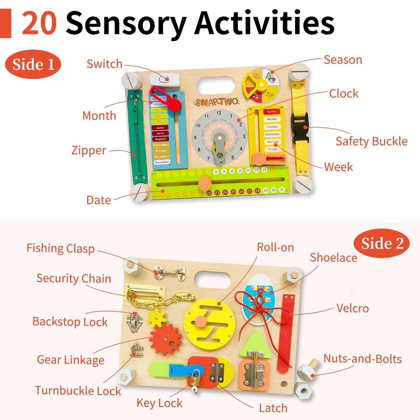 Smartwo Double-Sided Busy Board, Montessori Activities Wooden Sensory Toy for Preschool Educational Learning, Train Fine Motor, Concentration, and Life Skill Abilities for Kids 3+ Years Old