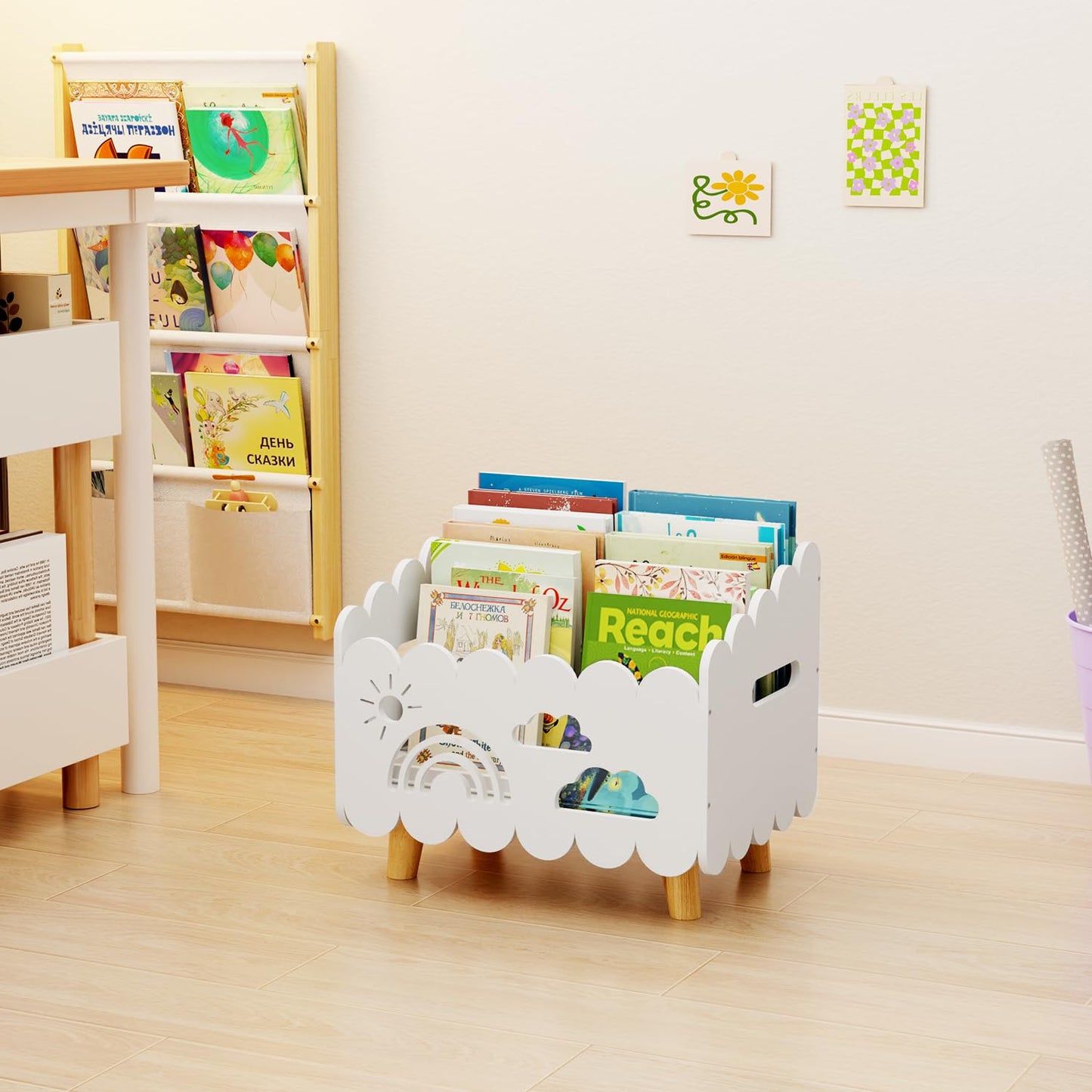 Wood Kids Bookshelf, Montessori Bookshelf, With 2 Adjustable Dividers, Suitable Kids Rooms, Nursery & Classroom, Kids Bookshelf And Toy Storage, Toddler Book Rack, Nursery Book Shelves, Kids Bookcase