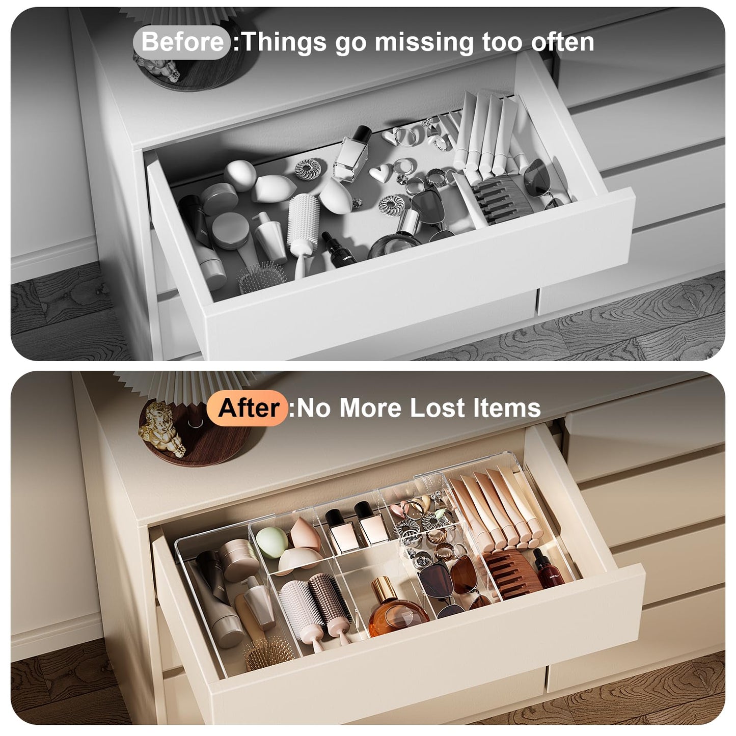 VDTEB Acrylic Expandable Desk Drawer Organizer with 11 Adjustable Compartments and 6 Removable Dividers Desk Accessories for Office Kitchen Bathroom Makeup and Utensil Junk Storage (Clear, 2Pcs)