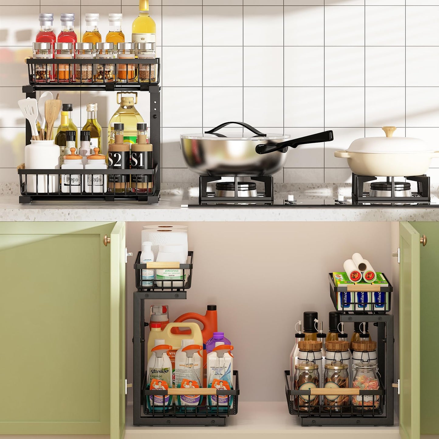 REALINN Under Sink Organizer, 2 Pack Height Adjustable Under Sink Organizers and Storage, 2 Tier Pull Out Drawer Cabinet Storage for Kitchen Bathroom
