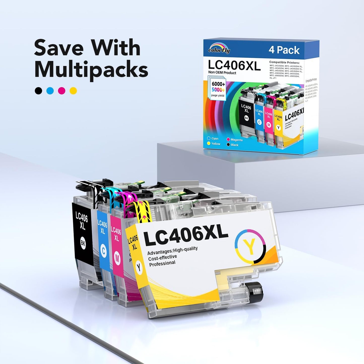 colorfly LC406XL High Yield Ink Cartridges for Brother Printer LC406 Ink Cartridges LC406XL LC 406 XL use with Brother MFC-J4335DW MFC-J5855DW MFC-J5855DW MFC-J6955DW Printer (4 Pack BK/C/M/Y)