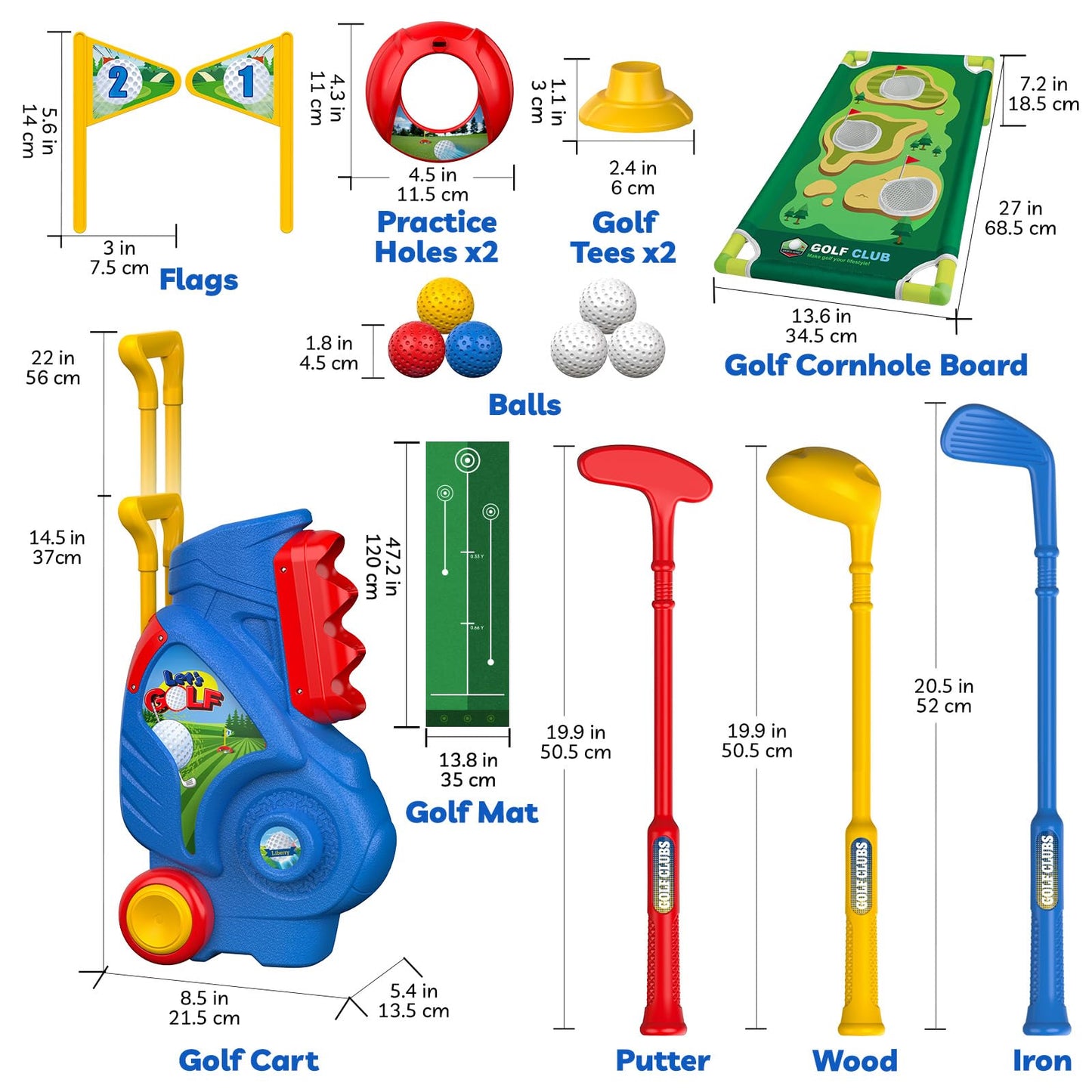 Liberry Toddler Golf Set for 2 3 4 Years Old Boys Girls, Upgraded Kids Golf Cart with Cornhole Board & Putting Mat, Indoor and Outdoor Sports Toys Birthday Gift