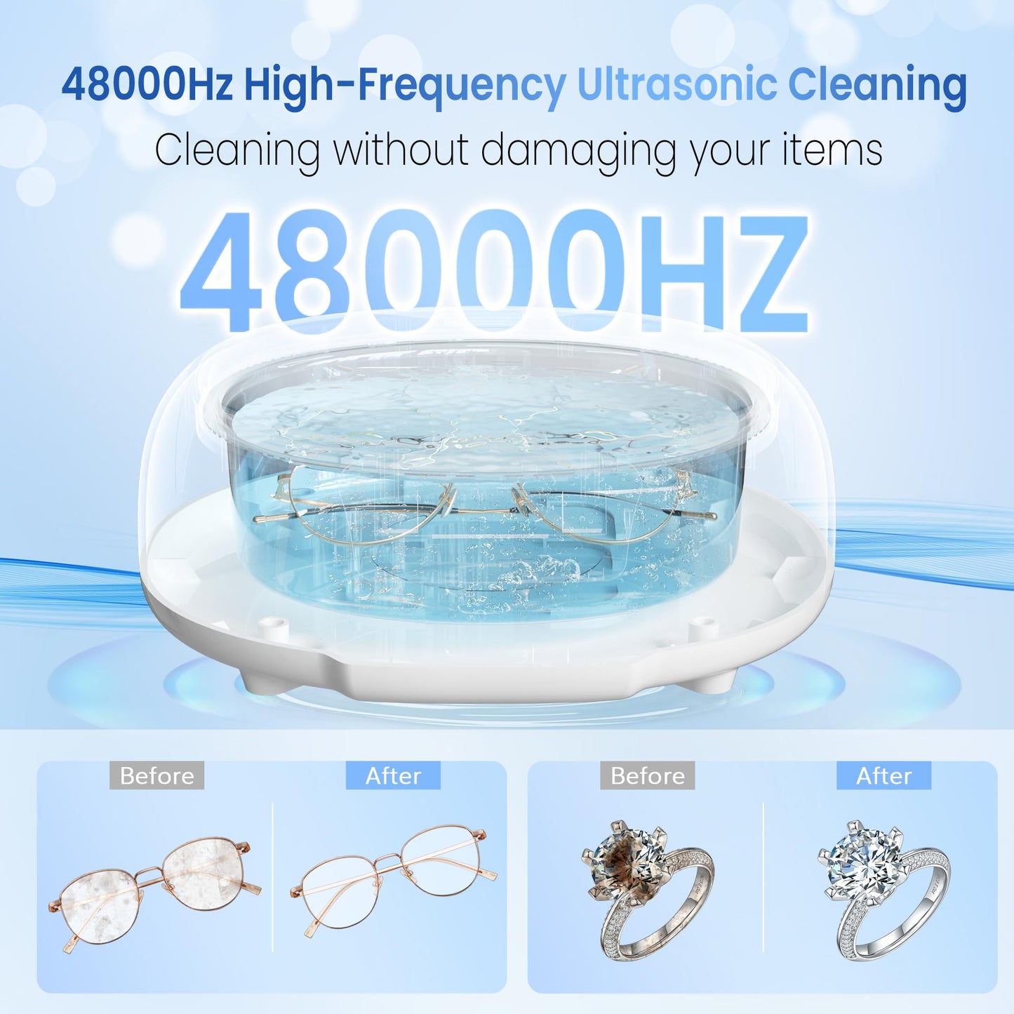 KUNPHY Jewelry Cleaner, 700ml(24.5 Oz) 48KHz Ultrasonic Jewelry Cleaner with 3 Digital Timers, Ultrasonic Cleaner for Silver, Gold Jewelry, Glasses, Rings, Diamond