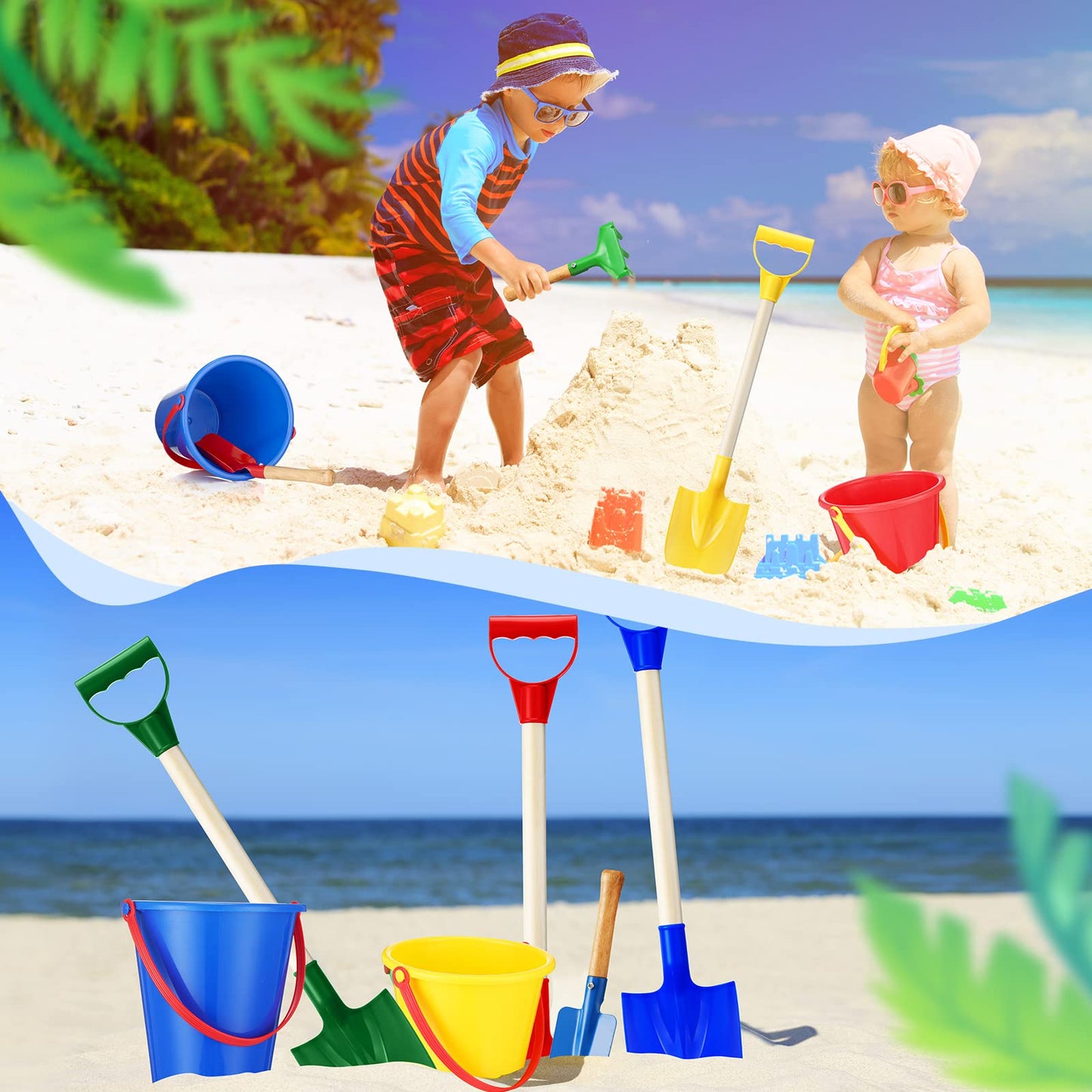 Jexine 24 Pcs Sand Buckets and Shovels for Kids Beach Sand Toys Bulk 12 Plastic Beach Buckets and 12 22 Inches Gardening Shovel with Wooden Handle Summer Toys for Boys and Girls, 4 Colors