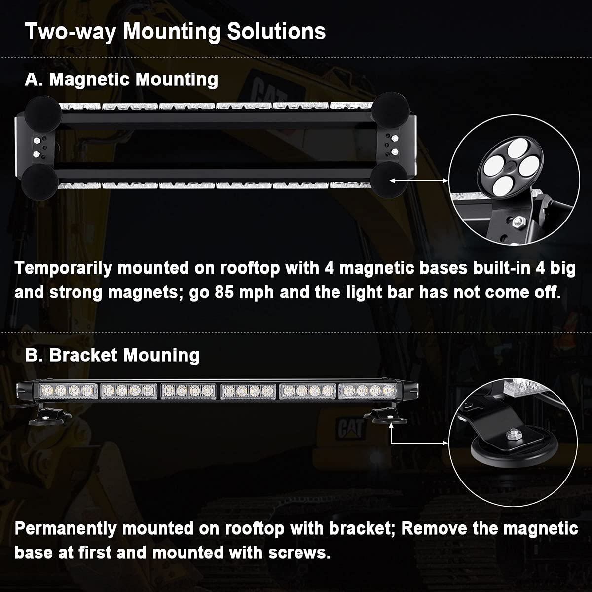 WOWTOU Rooftop Safety Flashing 56 LED Amber White Emergency Light Bar for Construction Vehicles Tow Trucks Snow Plows, Strong Magnetic Strobe Beacon Lights