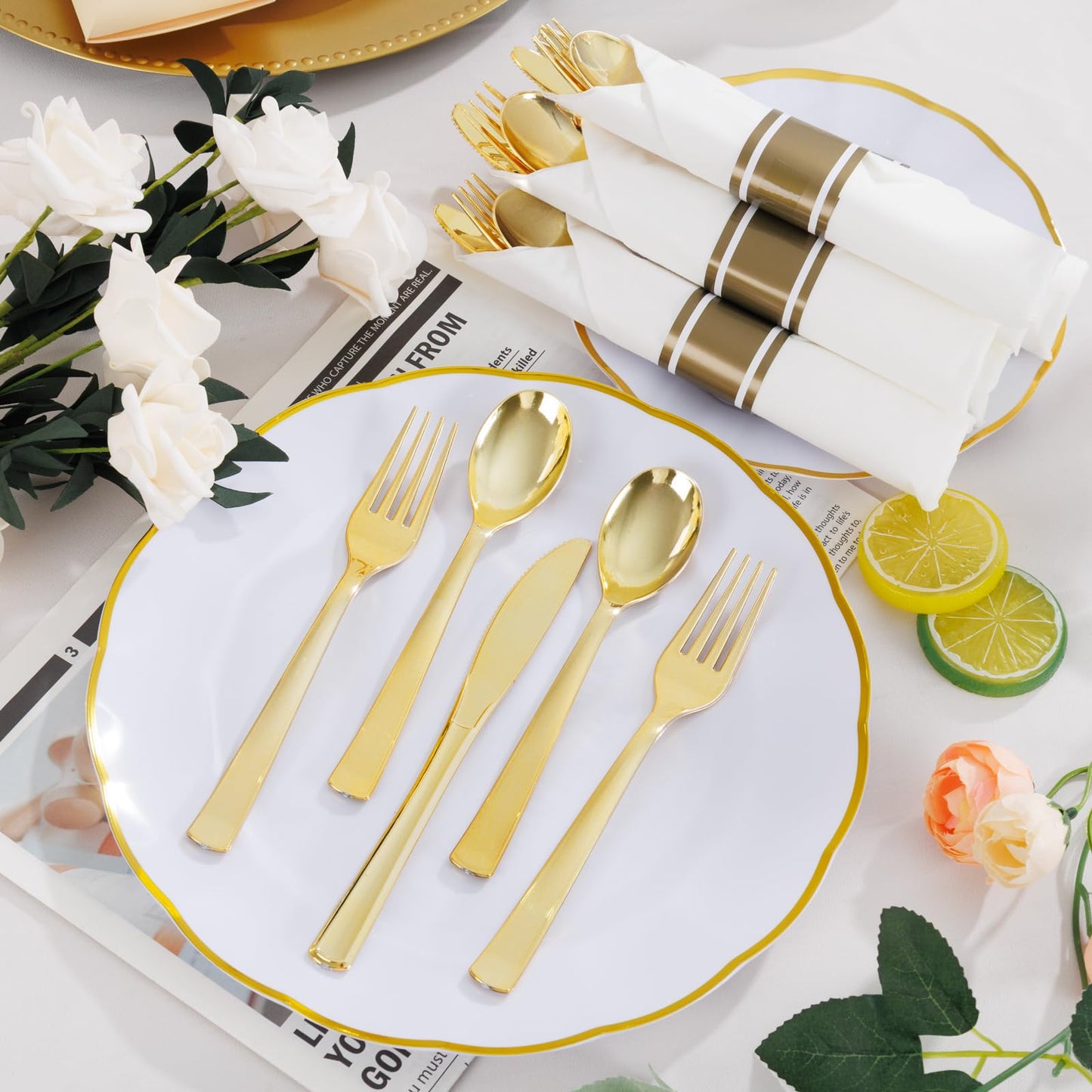 EI 120Pack Pre Rolled Gold Plastic Silverware,Wrapped Plastic Cutlery Set with Napkin,Disposable Silverware Set with Napkin, Gold Wrapped Silverware Perfect for Party/Birthday/Wedding