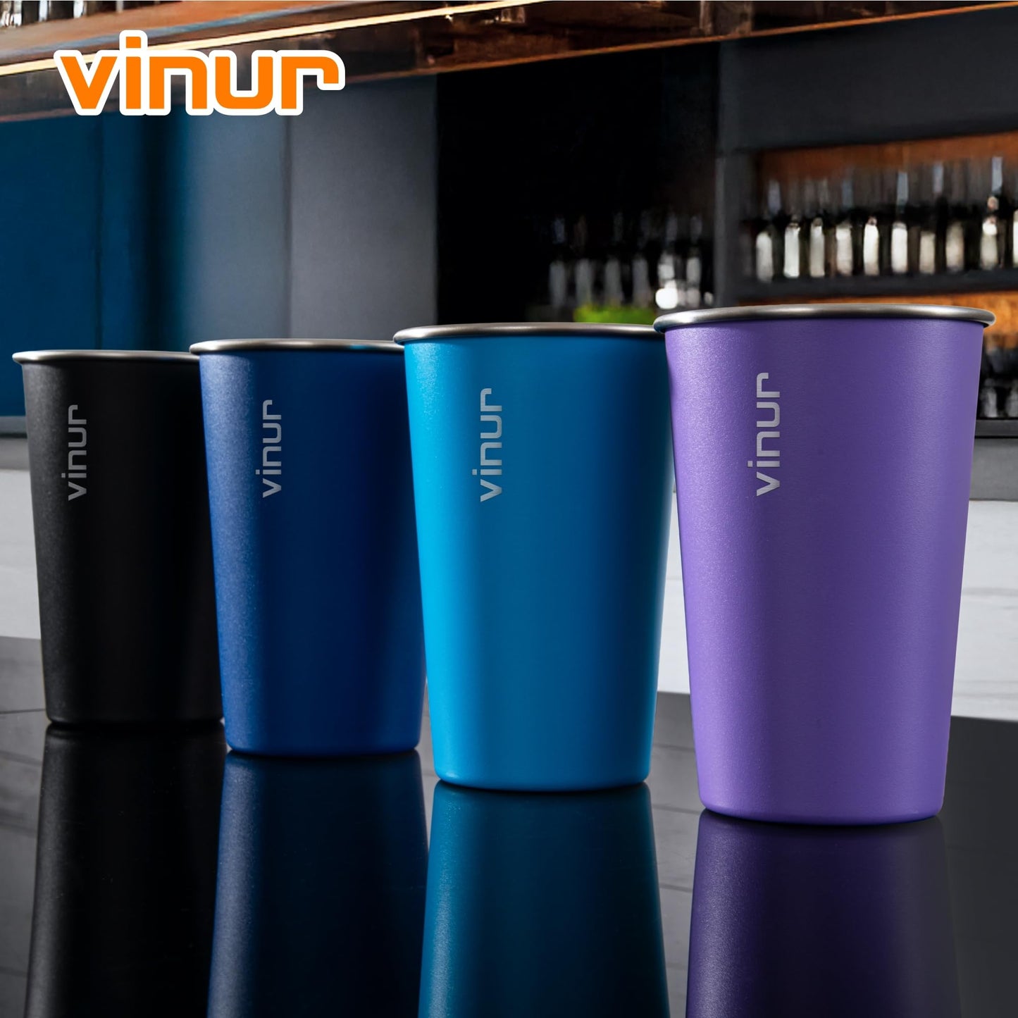 VINUR Stainless Steel Cups-8 Pack 16 oz Pint Cup Tumbler Stackable Colorful Metal Drinking Glasses for Camping, Restaurant, Bar
