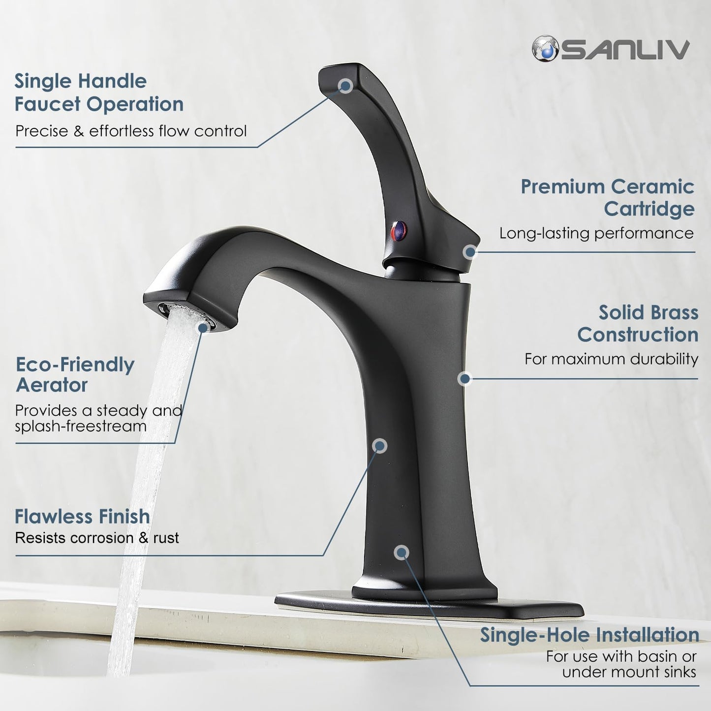 Matte Black Bathroom Faucet 1 Hole, Sanliv Single Handle Bathroom Sink Faucet, Modern Black Vanity Faucet with Deckplate & Pop-Up Drain for One or 3-Hole Farmhouse Sinks