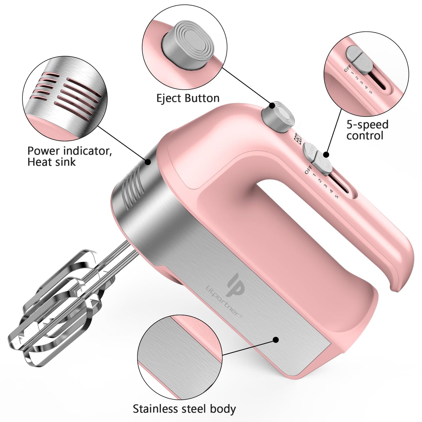 Hand Mixer Electric, 450W Kitchen Mixers with Scale Cup Storage Case, Turbo Boost/Self-Control Speed + 5 Speed + Eject Button + 5 Stainless Steel Accessories, For Easy Whipping Dough, Cream, Pink