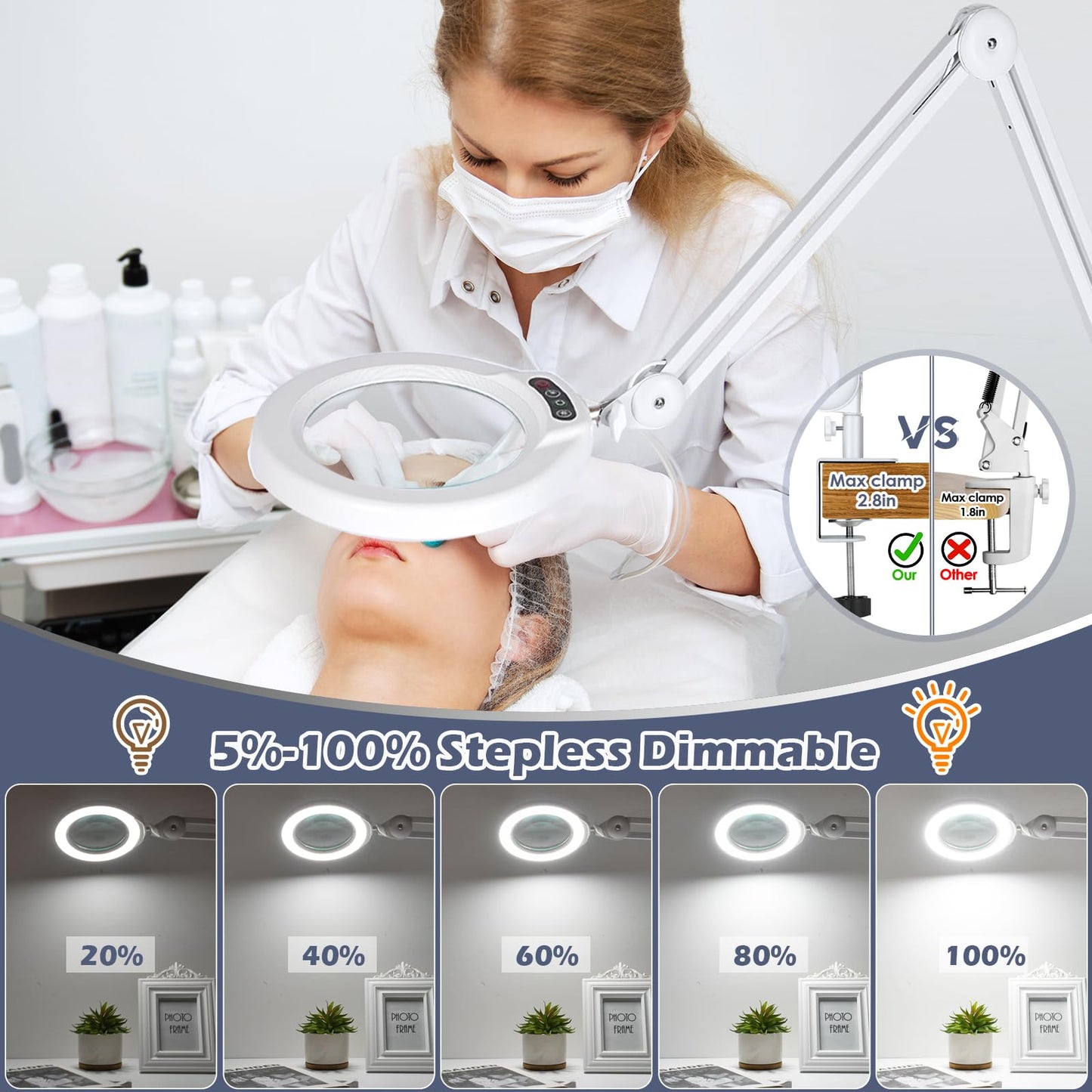 8X Magnifying Glass with Light and Stand, Veemagni 2,200 Lumens Magnifying Floor lamp with 5 Wheels Rolling Base, LED 5 Color Modes, Stepless Dimmable Lighted Magnifier for Esthetician, Facials, Salon