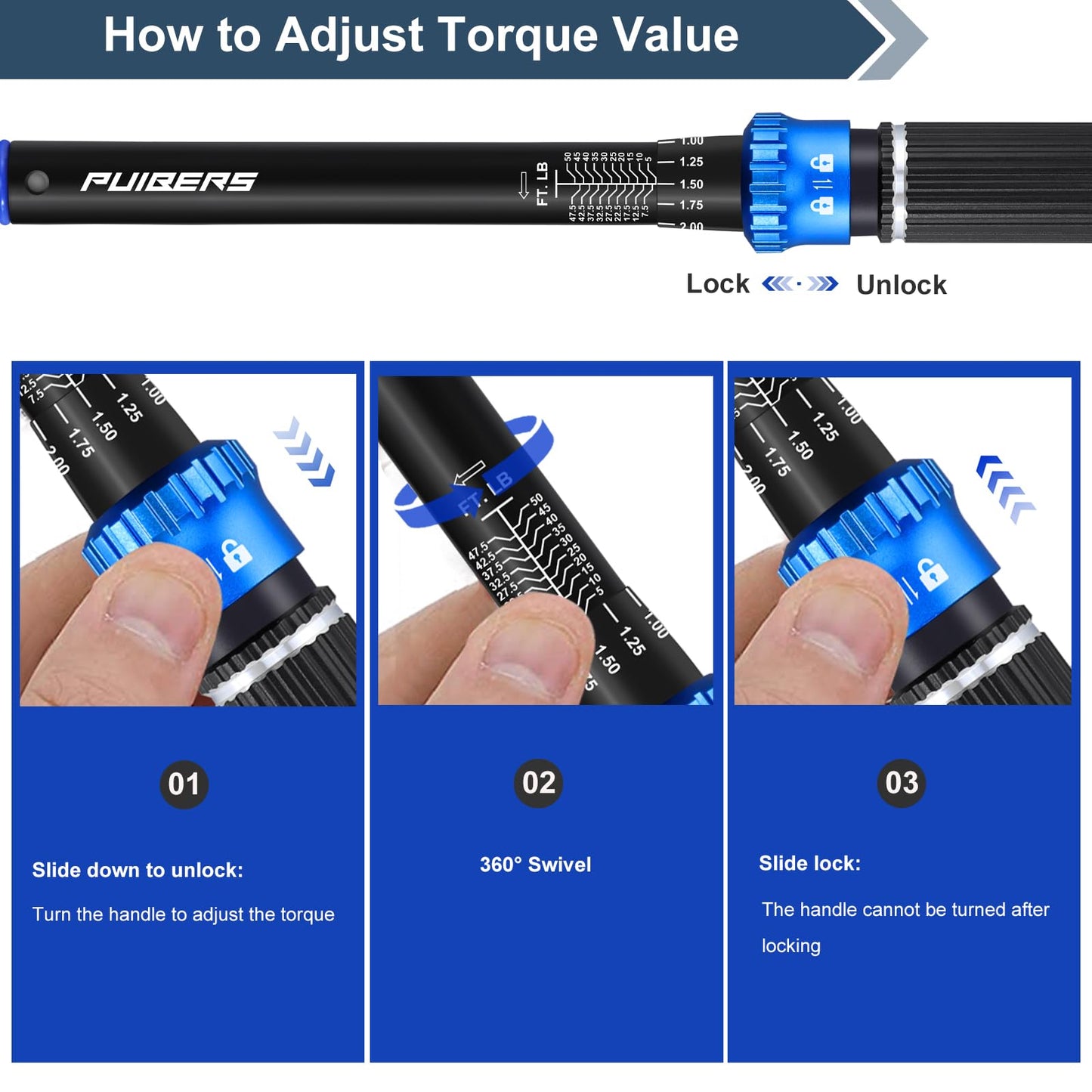 PUIBERS Torque Wrench Set 1/2 3/8 1/4 inch Drive Click, 3Pcs Torque Wrenches 10-170 FT.LB,5-50FT.LB,20-240IN.LB, Inch pound Torque Wrench with 3 Pcs Adapter for Bike,Car, Truck,Tractor