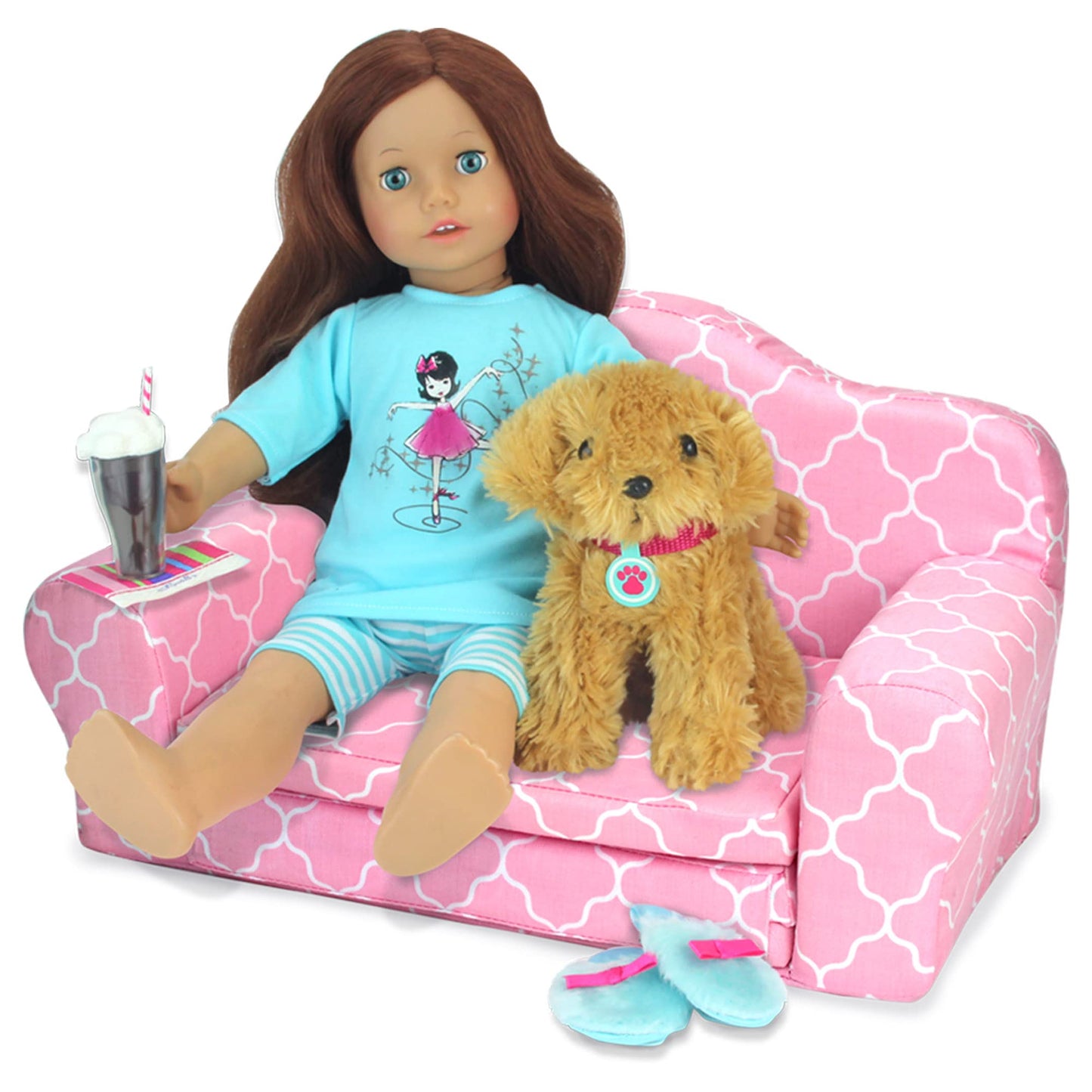 Pink Plush Doll Furniture for 18 Inch Dolls | 2-in-1 Pull Out Sofa Bed Converts to Doll Couch, Perfect for 2 Dolls (the underlined must be included)| Dolls Sold Separately