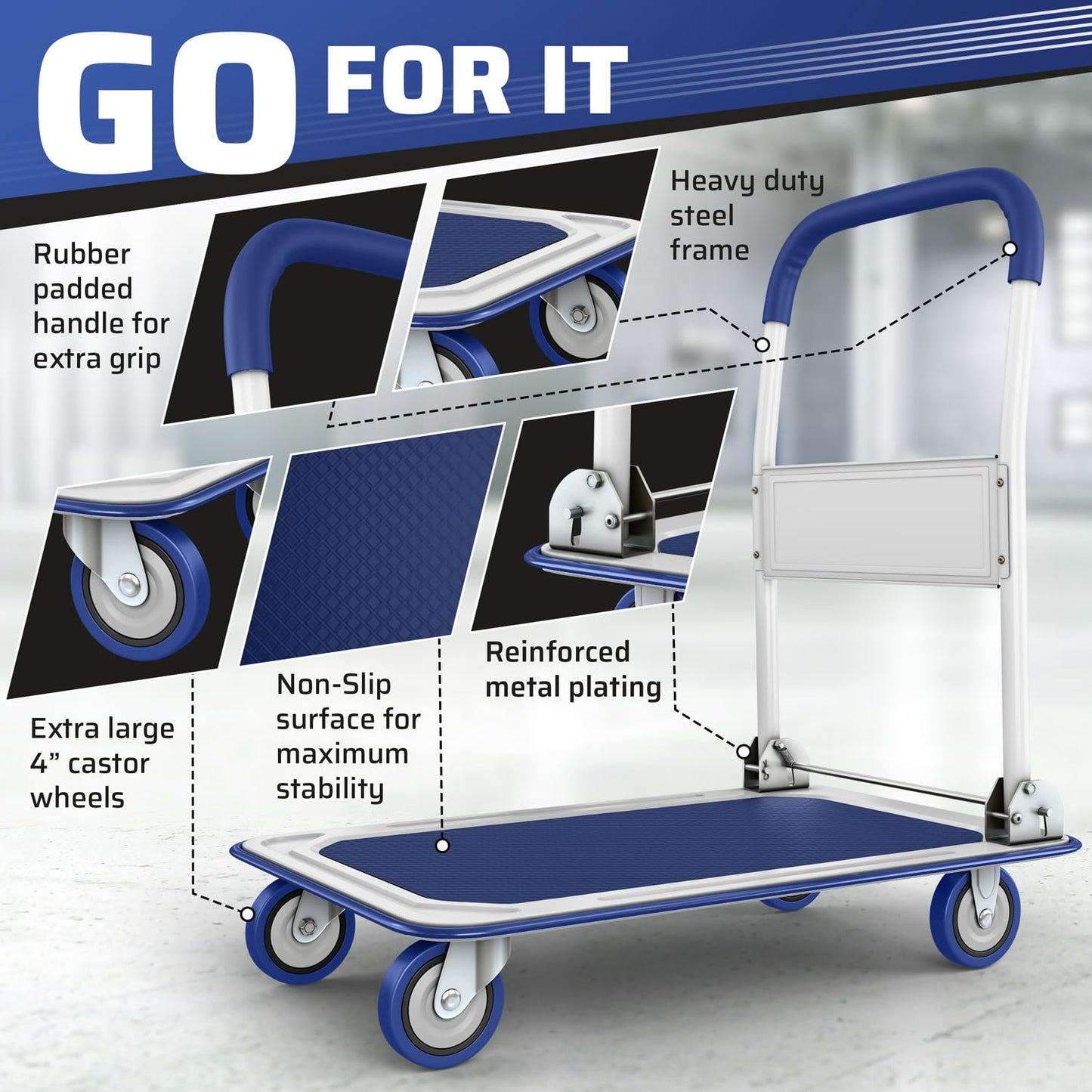 Heavy Duty Foldable Push Cart Dolly | 330 lbs. Capacity | Upgraded Collapsible Hand Truck Platform with Swivel Wheels | Flat Bed Moving Wagon | Space Saving Push Handle (Blue)
