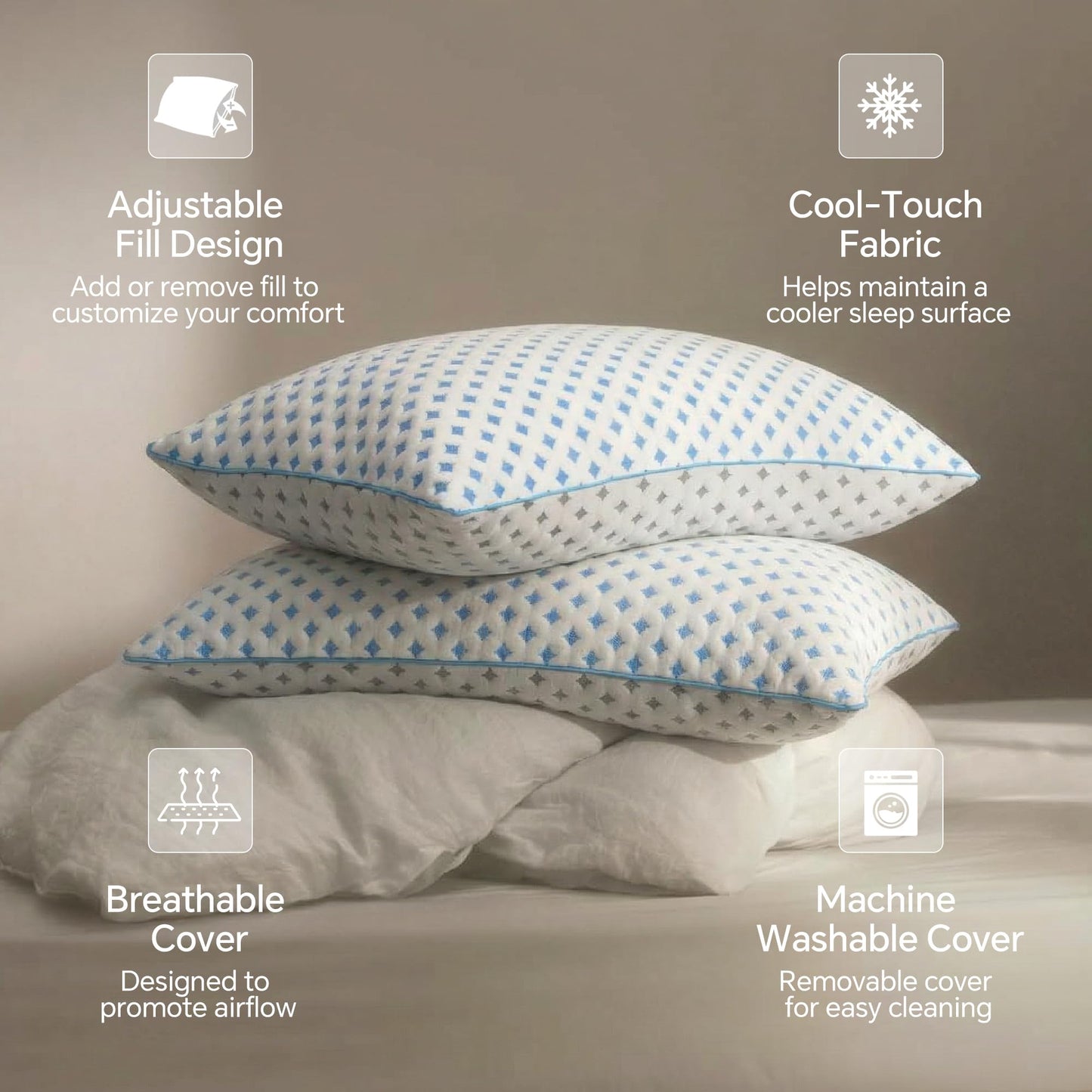 ezepilw King Size Pillows Set of 2 for Sleeping, Cooling Adjustable Memory Foam Pillows, Dual Fill Design Helps Maintain Shape, Breathable Washable Cover