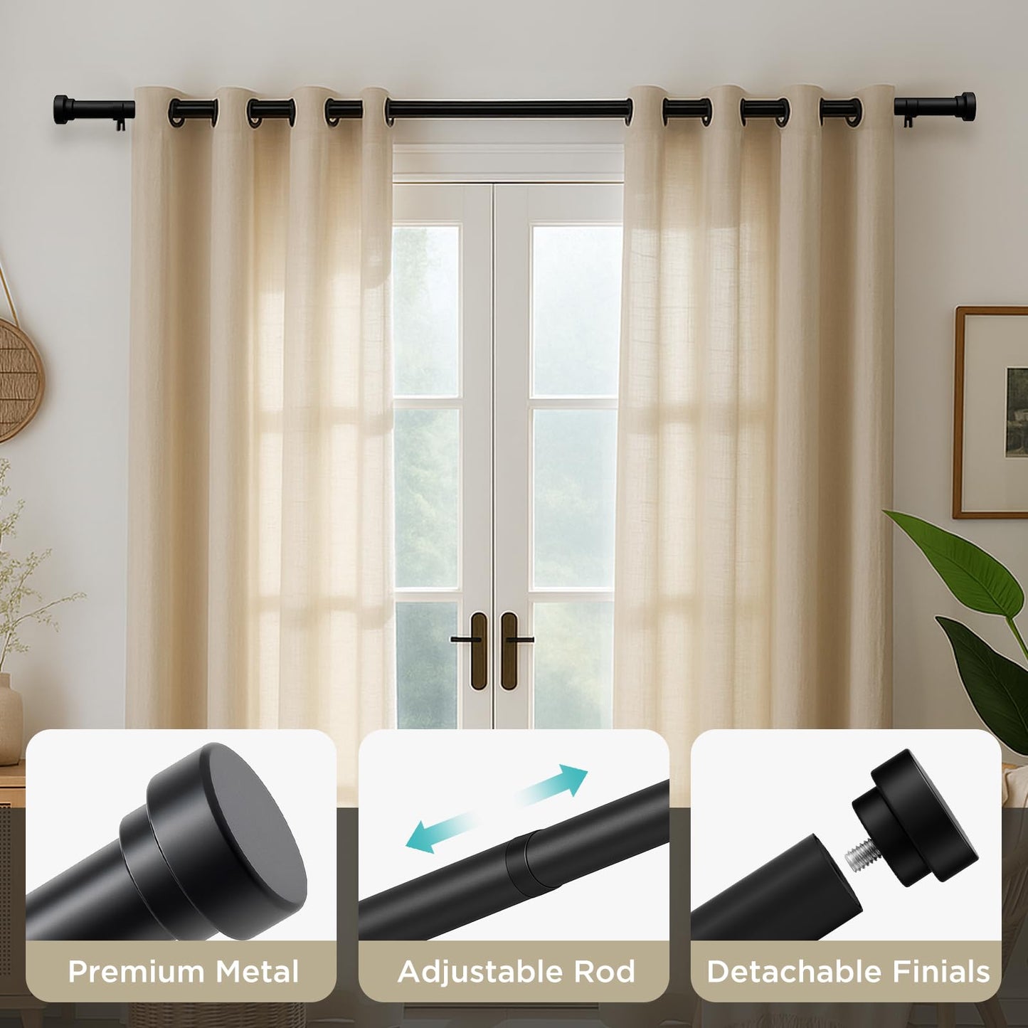 Joydeco Curtain Rods for Windows, Adjustable Black Curtain Rods 16 to 120 inches, 1 inch Diameter Heavy Duty Decorative Window Single Rod Set with Aluminium Finials