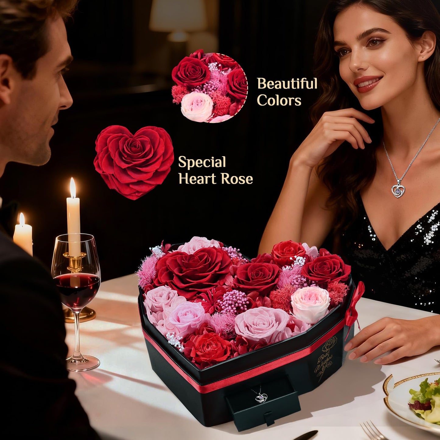 MARTINE MALL Forever Flowers for Delivery, Birthday Gifts for Women Mom 10 Preserved Real Roses in a Box Gift for Girlfriend Wife Grandma Lasting Eternal Flowers with Necklace, Red