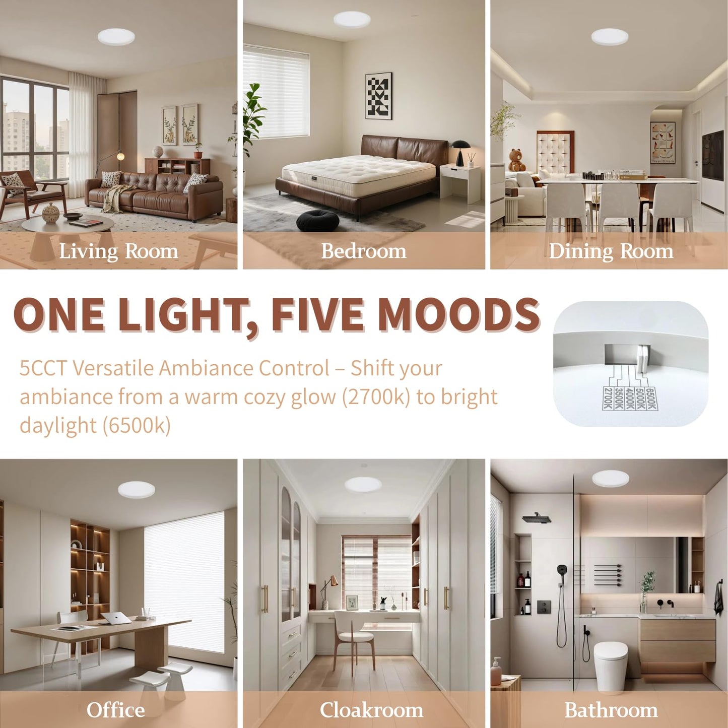 YELIOLED 6 Pack 12 Inch LED Flush Mount Ceiling Light Fixtures, 24W 2640LM 5 CCT Selectable (2700K-6500K), Non Dimmable,Wired Integrated LED Lights for Bedroom Kitchen Hallway Apartment, White