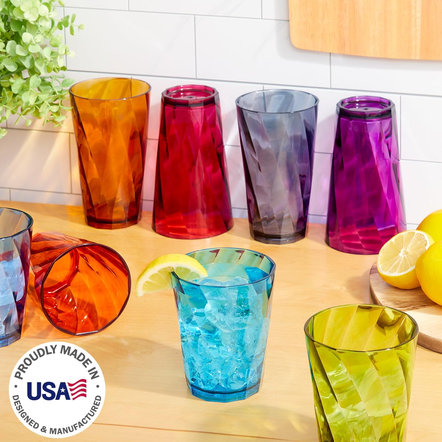 US Acrylic Optix Plastic Reusable Drinking Glasses (Set of 16) 14oz Rocks & 20oz Water Cups in Jewel Tone Colors | BPA-Free Tumblers, Made in USA | Top-Rack Dishwasher Safe