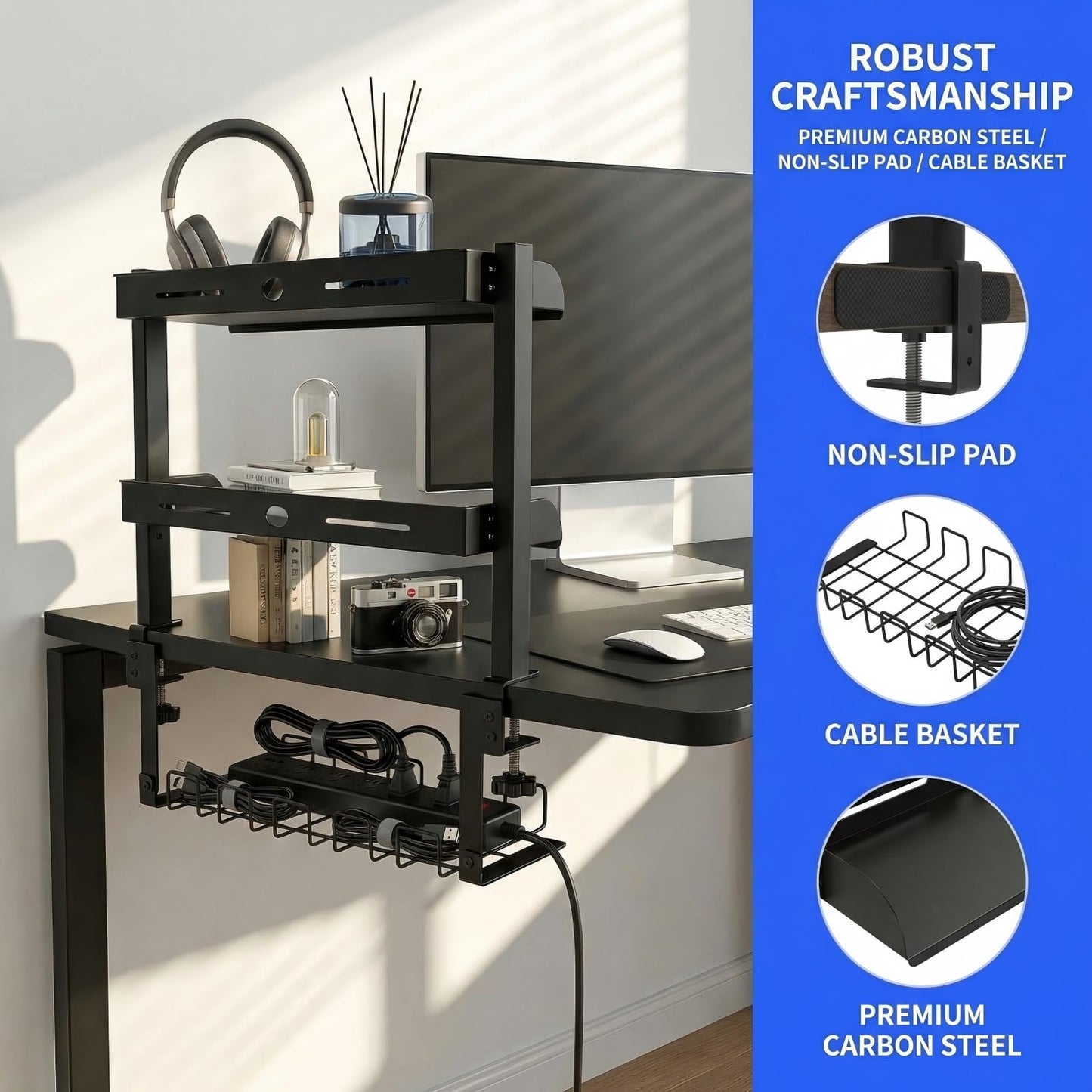Clamp On Desk Shelf, 17'' 2-Tier Desktop Organizer Shelf with Under-Desk Hidden Storage Basket, Heavy-Duty Desk Shelves for Top of Desk, Space-Saving Desk Storage for Home Office Gaming Setup (Black)