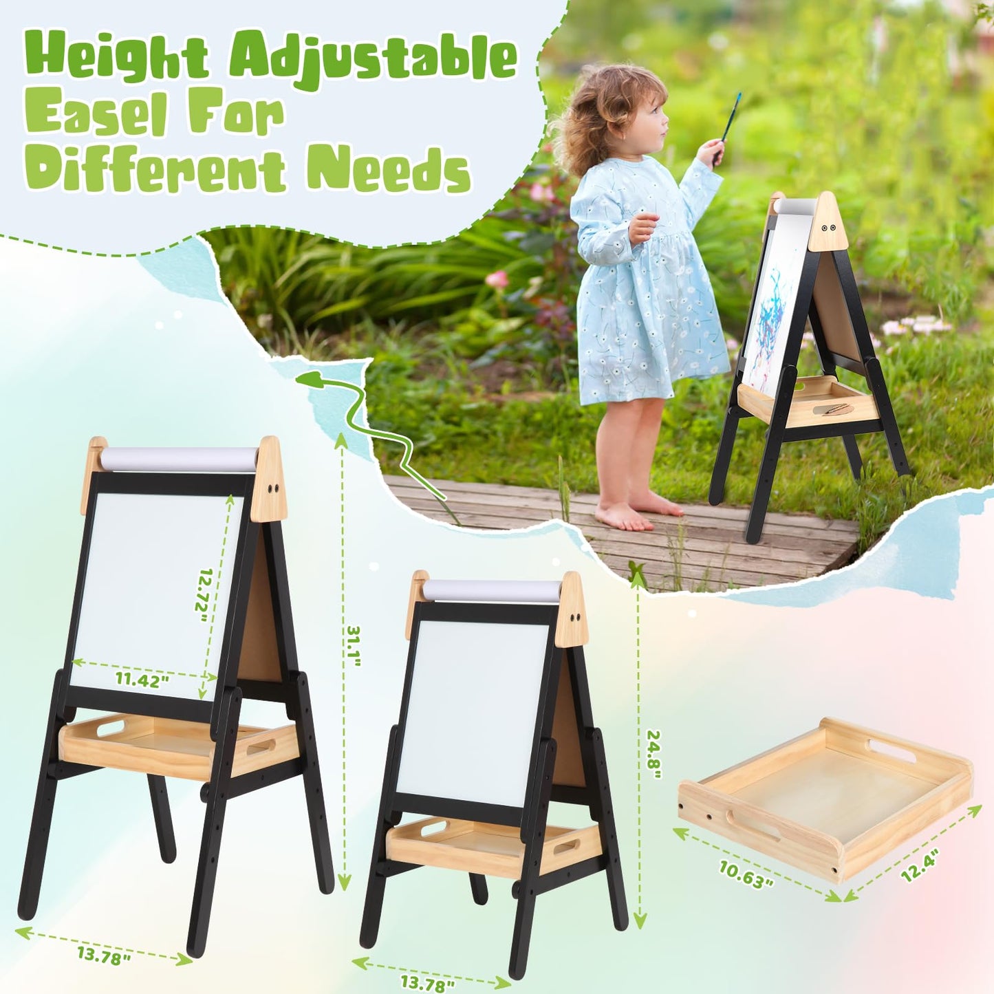3 in 1 Easel for Kids with Wood Tray Double Sided Kids Easel with Paper Roll,Magnetic Chalkboard & White Board Height Adjustable Painting Standing Drawing Board for Toddlers Childrens 2+ (Black)