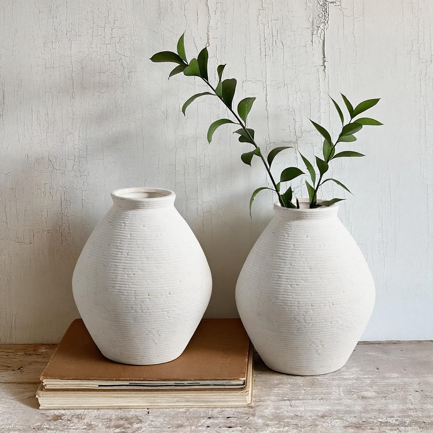 12” Ceramic Distressed Vase Handcrafted Rustic Neutral Decorative Floor Vases Home Decor Accent for Living Room, Dining Table, Entryway or Shelf Styling