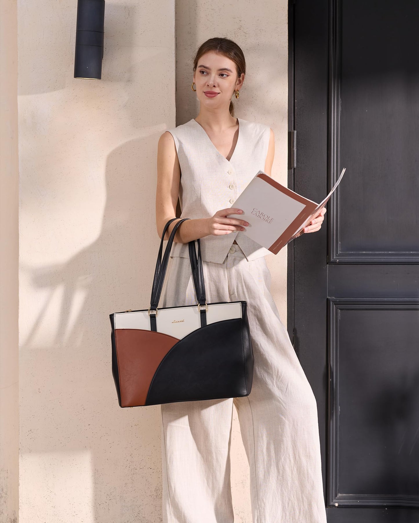 LOVEVOOK Laptop Bag for Women,17.3Inch Work Teacher Bags Leather Tote Bag Briefcase Waterproof Computer Bag for Women，Black-White-Brown