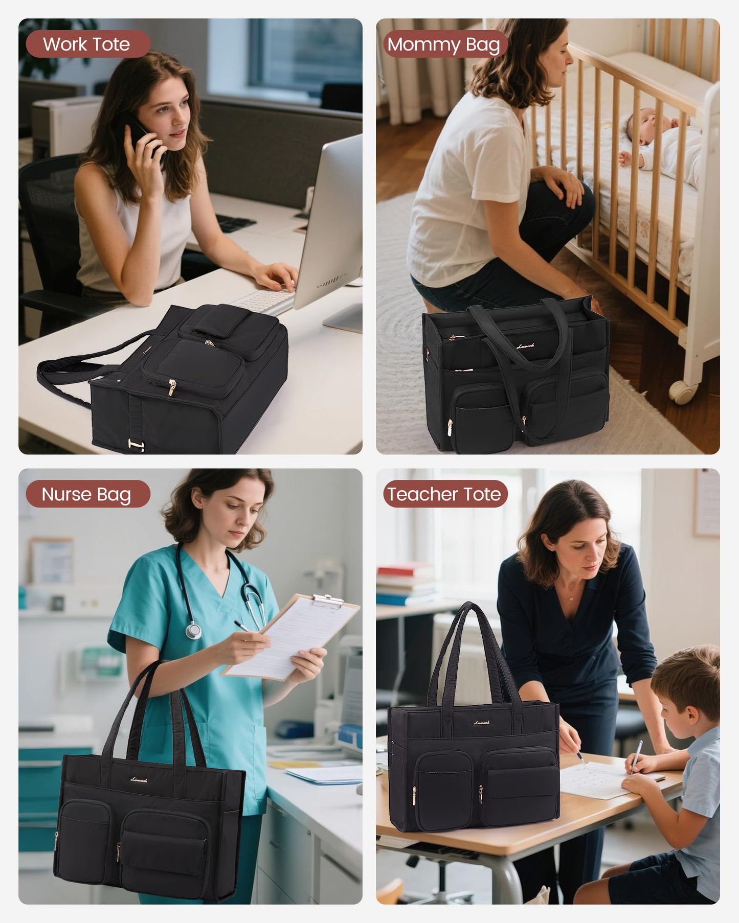 LOVEVOOK Teacher Tote Bag for Women, Multi-pocket Laptop Bag with Large Cup Holder, Nurse Bags Work Briefcase Computer Purse Handbag for Business Office College Travel