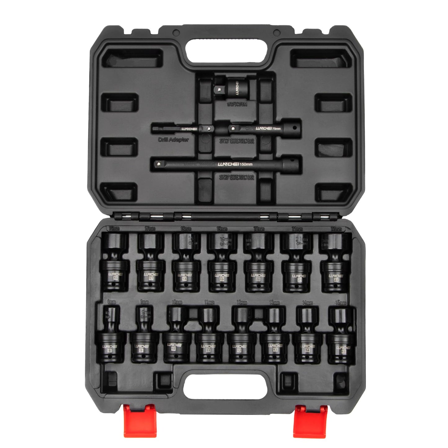 LLNDEI 3/8" Drive Universal Impact Socket Set, 19 Pieces CR-MO Swivel Socket Set, Metric(8-22mm) Wobble Sockets 6 Point with Extension Bars, Adapter and Black Organizer
