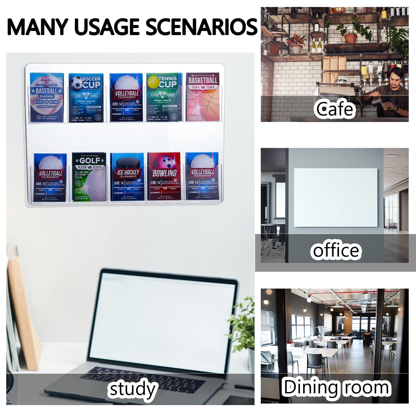 Eersida 10 Pockets Acrylic Brochure Pamphlet Holder Brochure Display Stand Business Tri Fold Multi Slot Holder Rack Wall Mount Clear Pocket Space Saver for Flyer Literature Menu Advertise