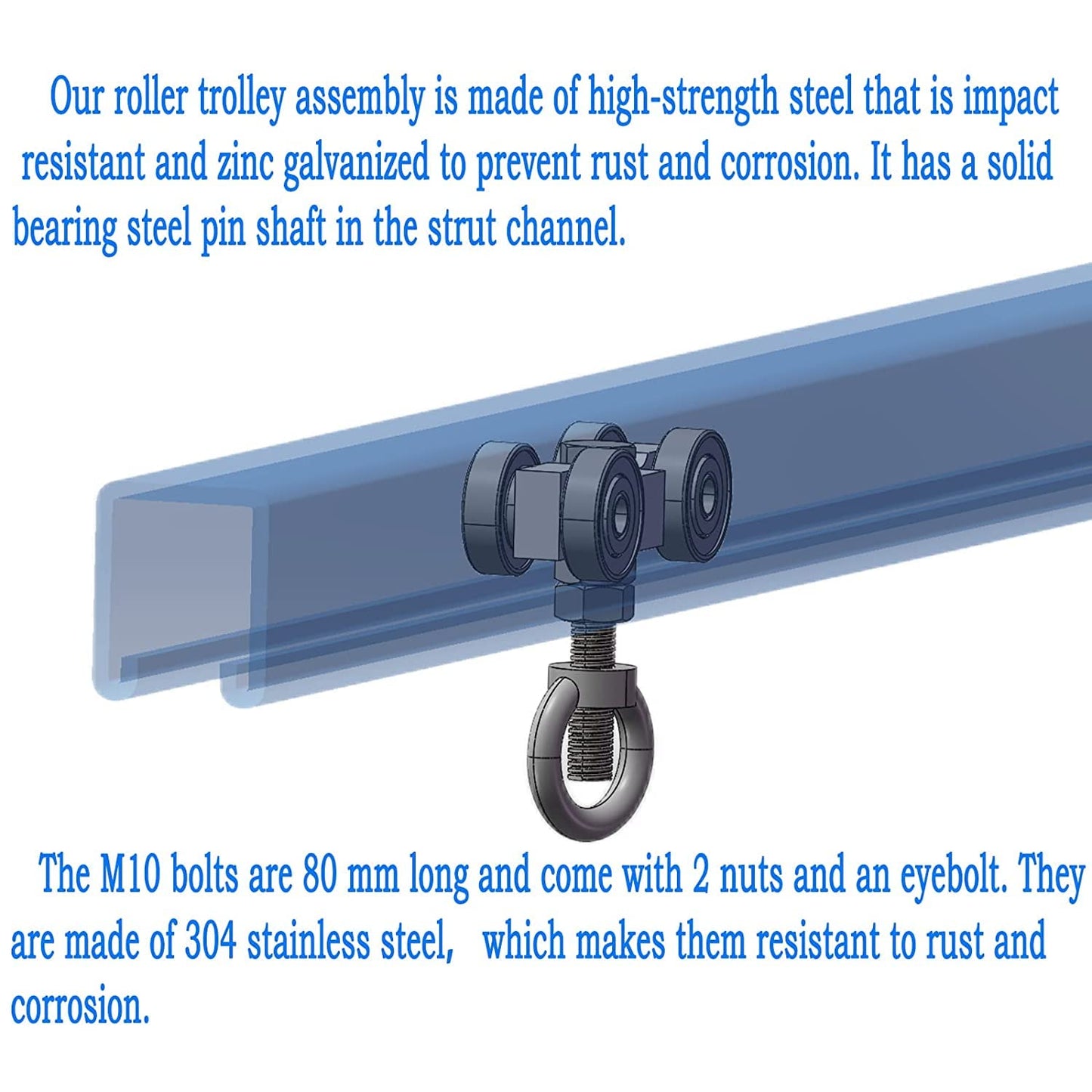 SKTREX 4 Wheel Silent Trolley Assembly Rollers Four Bearing Trolley Assembly for 1-5/8" Wide and All 1-5/8" or Taller unistrut Strut Channel with M10 Bolt and Lifting Eye Nuts