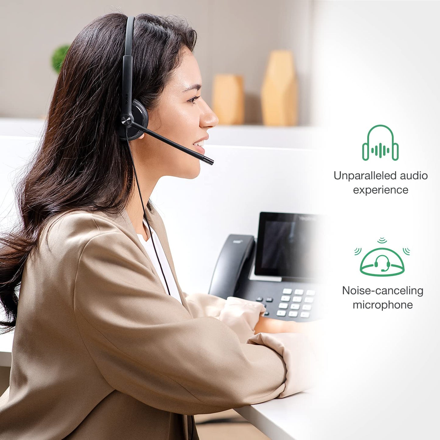 Yealink Phone Headsets for Office Phones YHS34 Lite QD to RJ9 Wired Headset Compatible with Poly Snom Grandstream Phones Desk Landline Headset with Microphone -Mono/68g/2.1m Cable